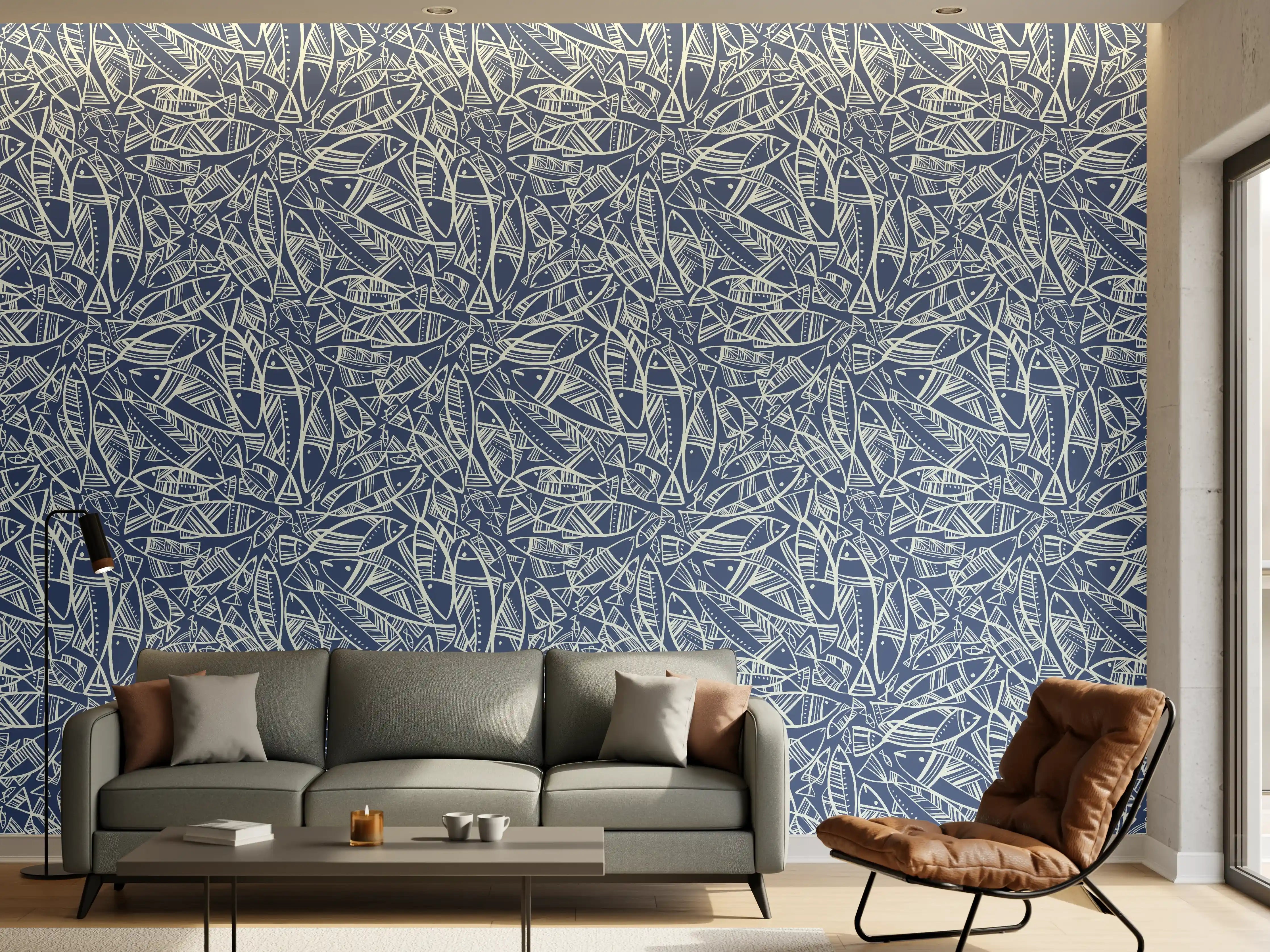 Wandverkleidung Wohnzimmer - Abstraktes Fischmuster Blau