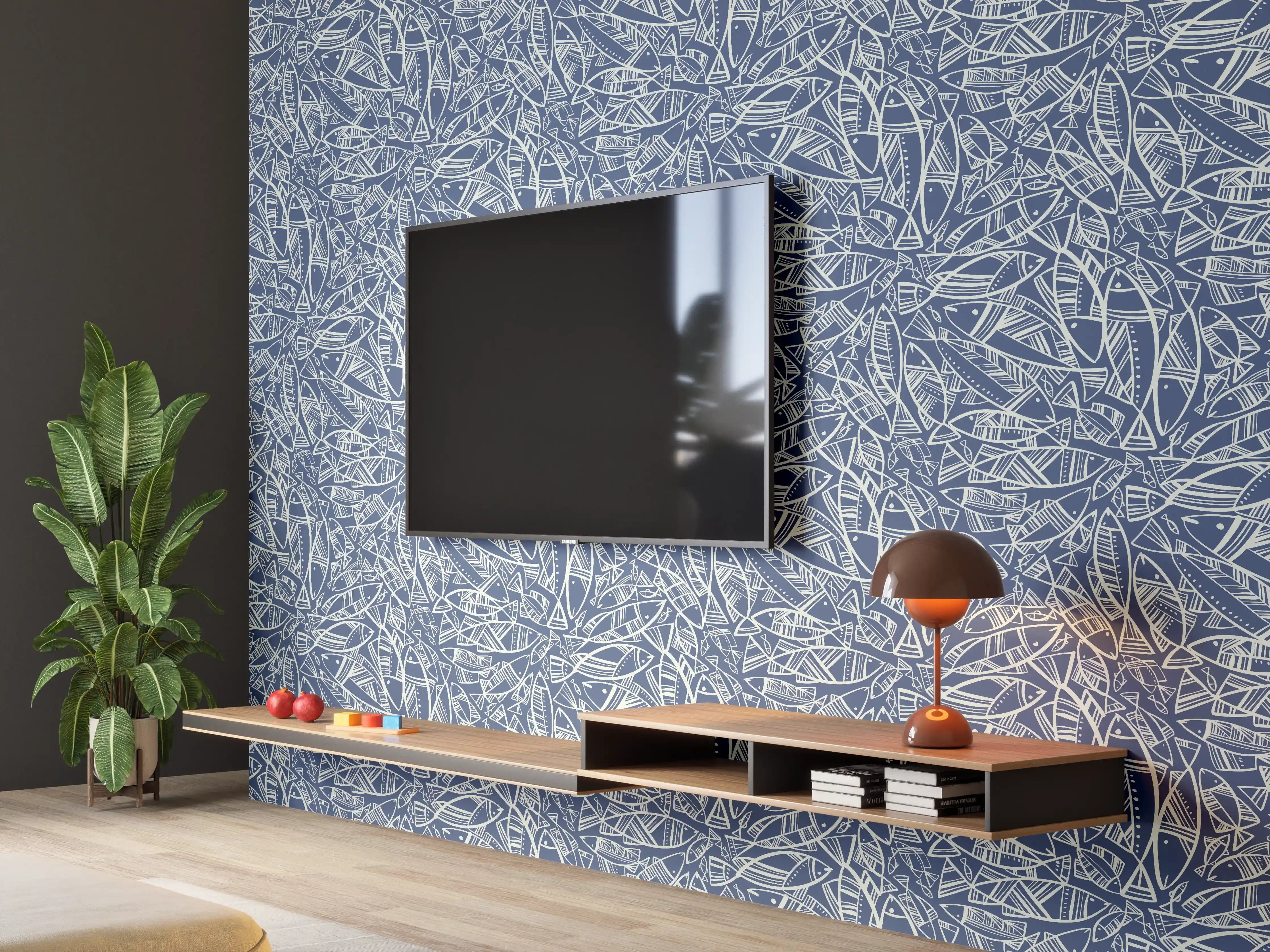 Wandverkleidung Wohnzimmer - Abstraktes Fischmuster Blau