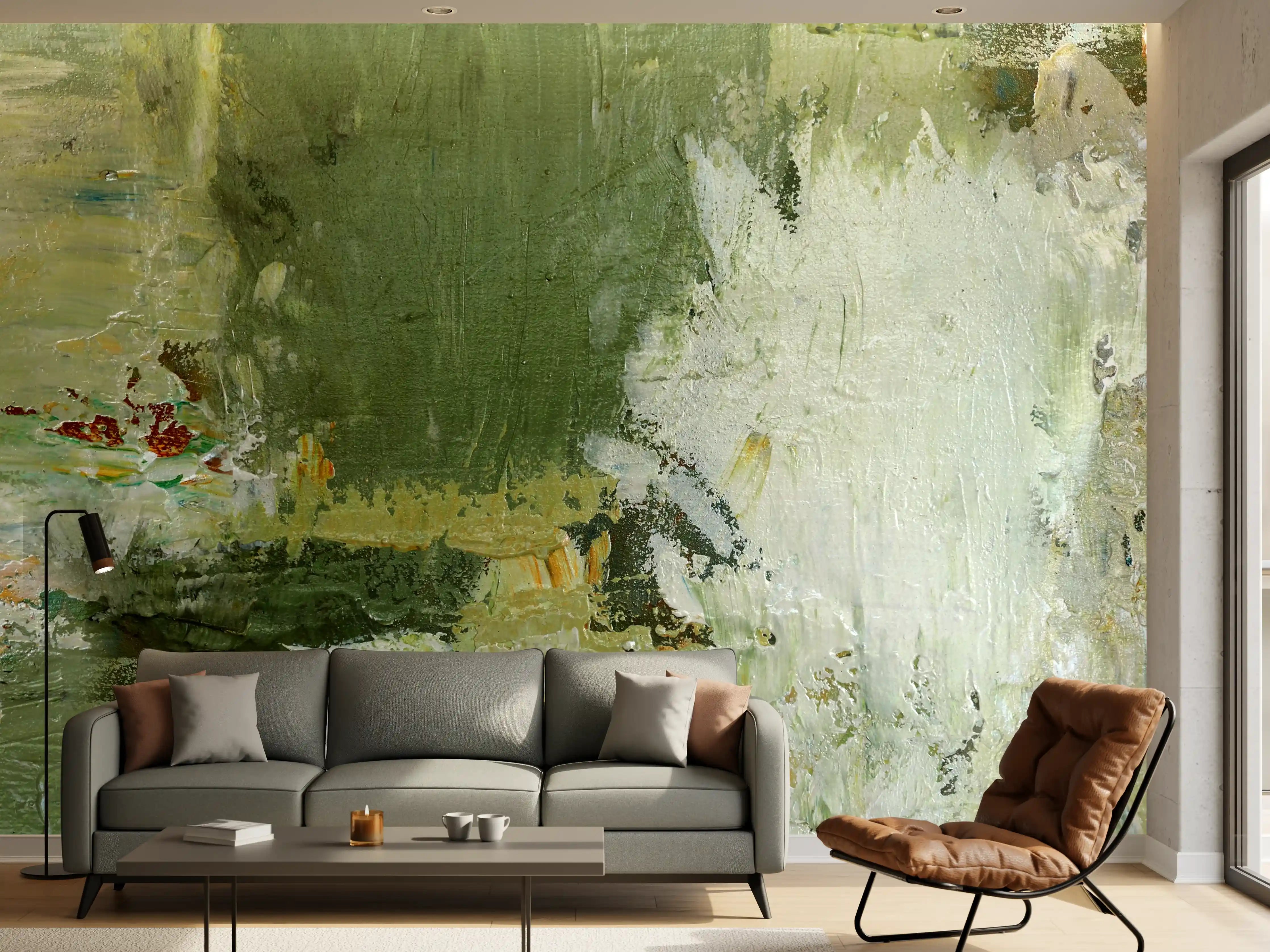 Wandverkleidung Wohnzimmer - Abstraktes Gemälde in Grüntönen mit pastellartigem Effekt