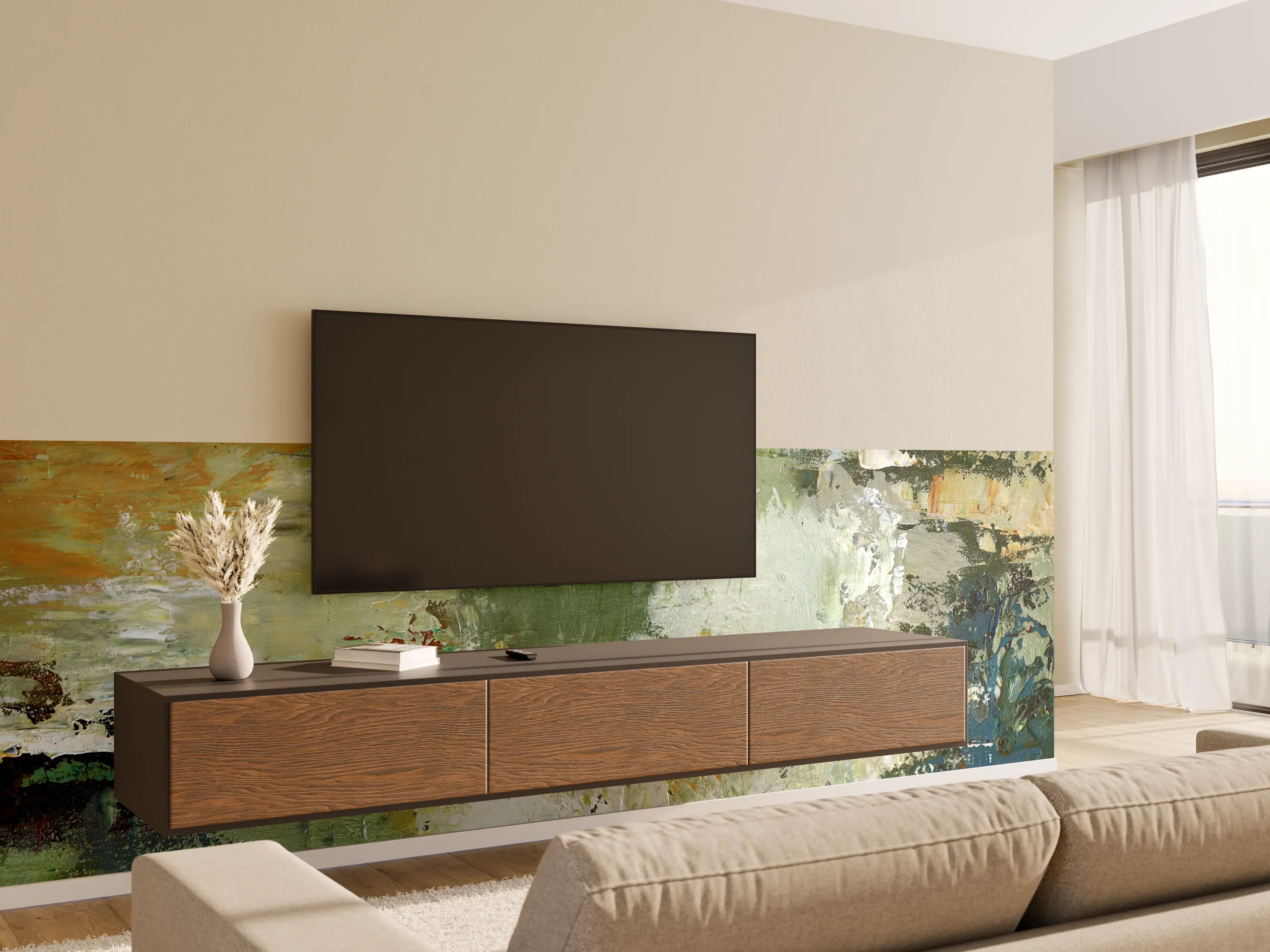 Wandverkleidung Wohnzimmer - Abstraktes Gemälde in Grüntönen mit pastellartigem Effekt