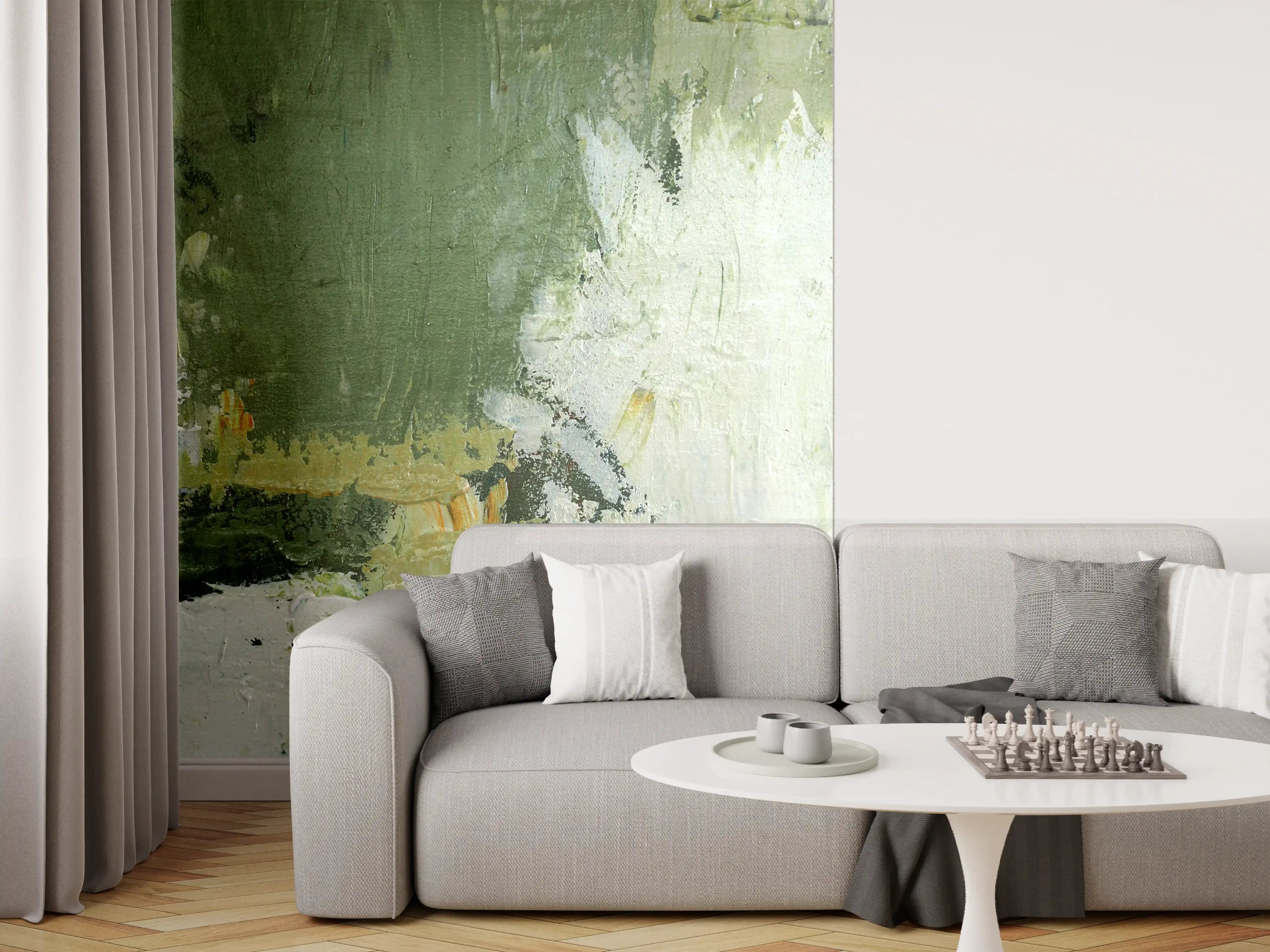 Wandverkleidung Wohnzimmer - Abstraktes Gemälde in Grüntönen mit pastellartigem Effekt
