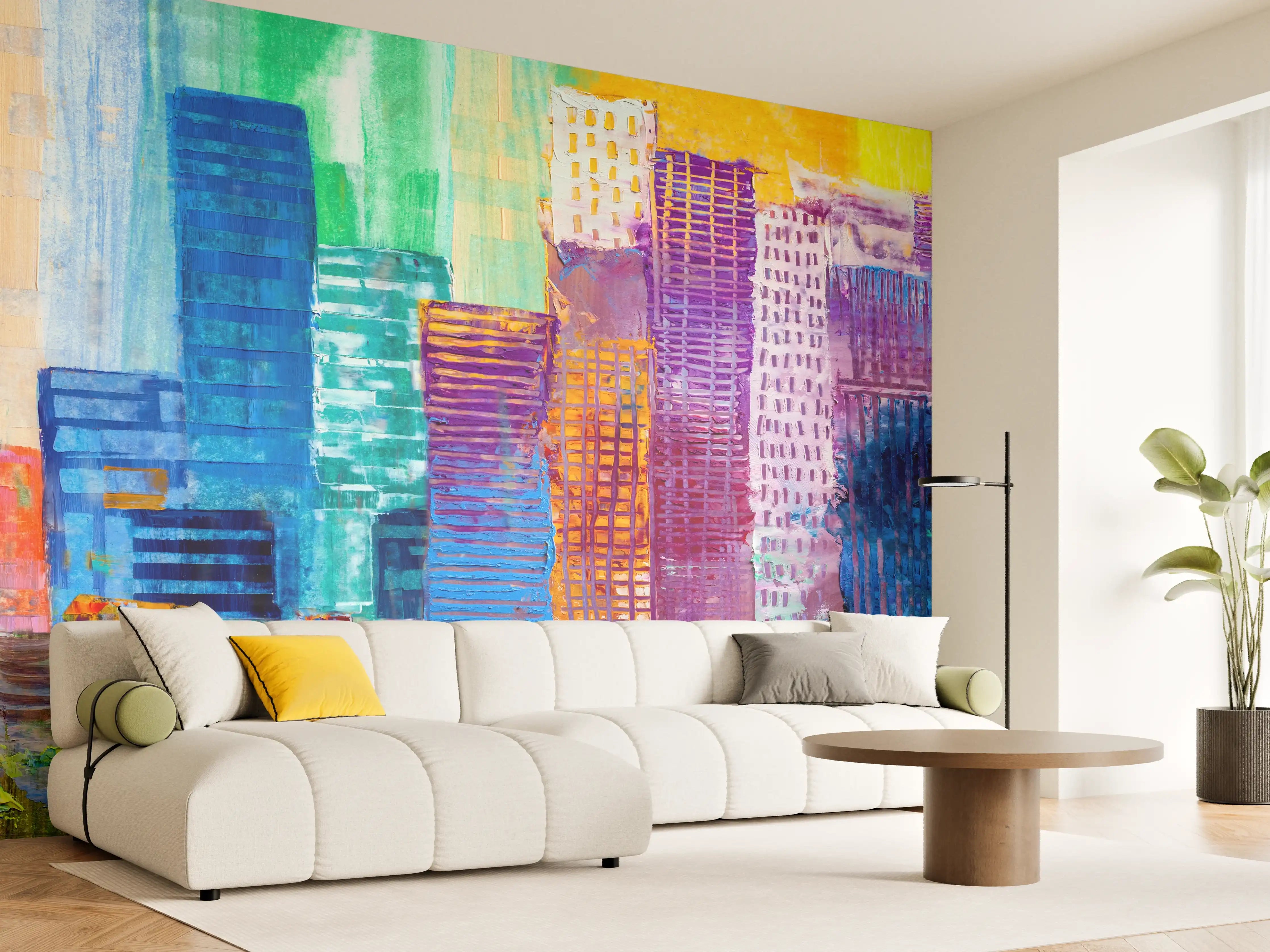 Wandverkleidung Wohnzimmer - Abstraktes Gemälde von städtischen Wolkenkratzern
