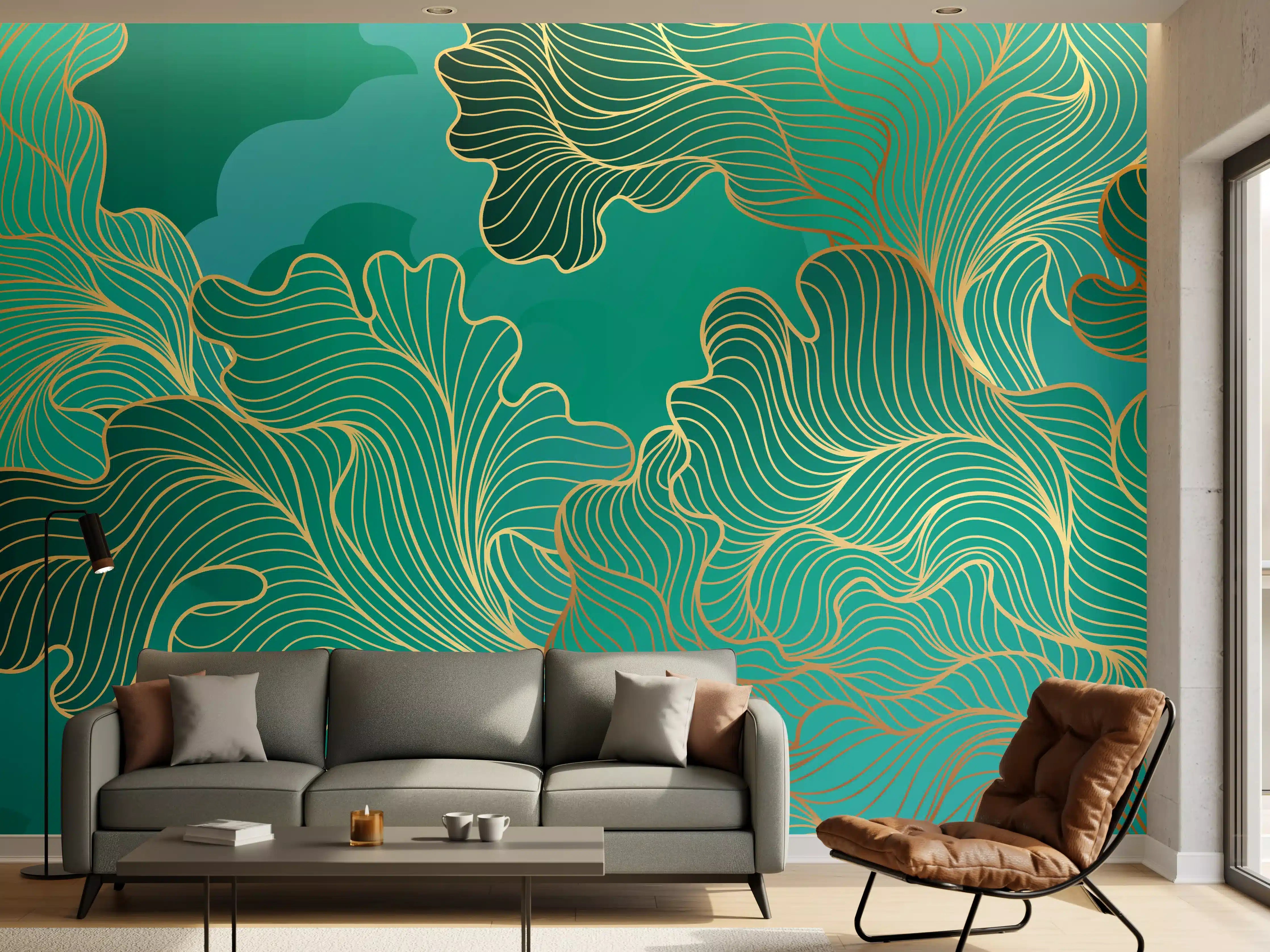 Wandverkleidung Wohnzimmer - Abstraktes Grüntöne-Gold-Lineart
