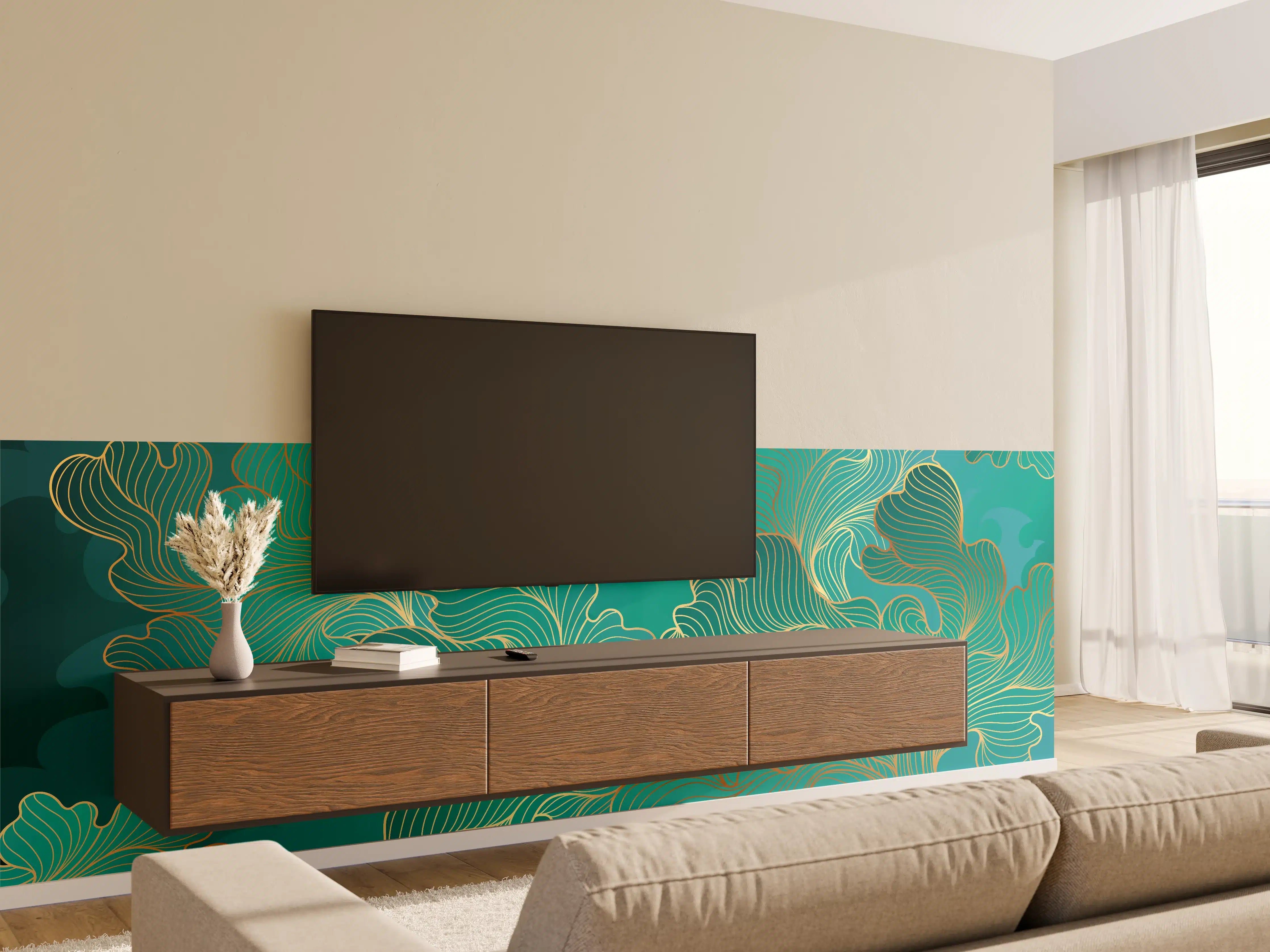 Wandverkleidung Wohnzimmer - Abstraktes Grüntöne-Gold-Lineart