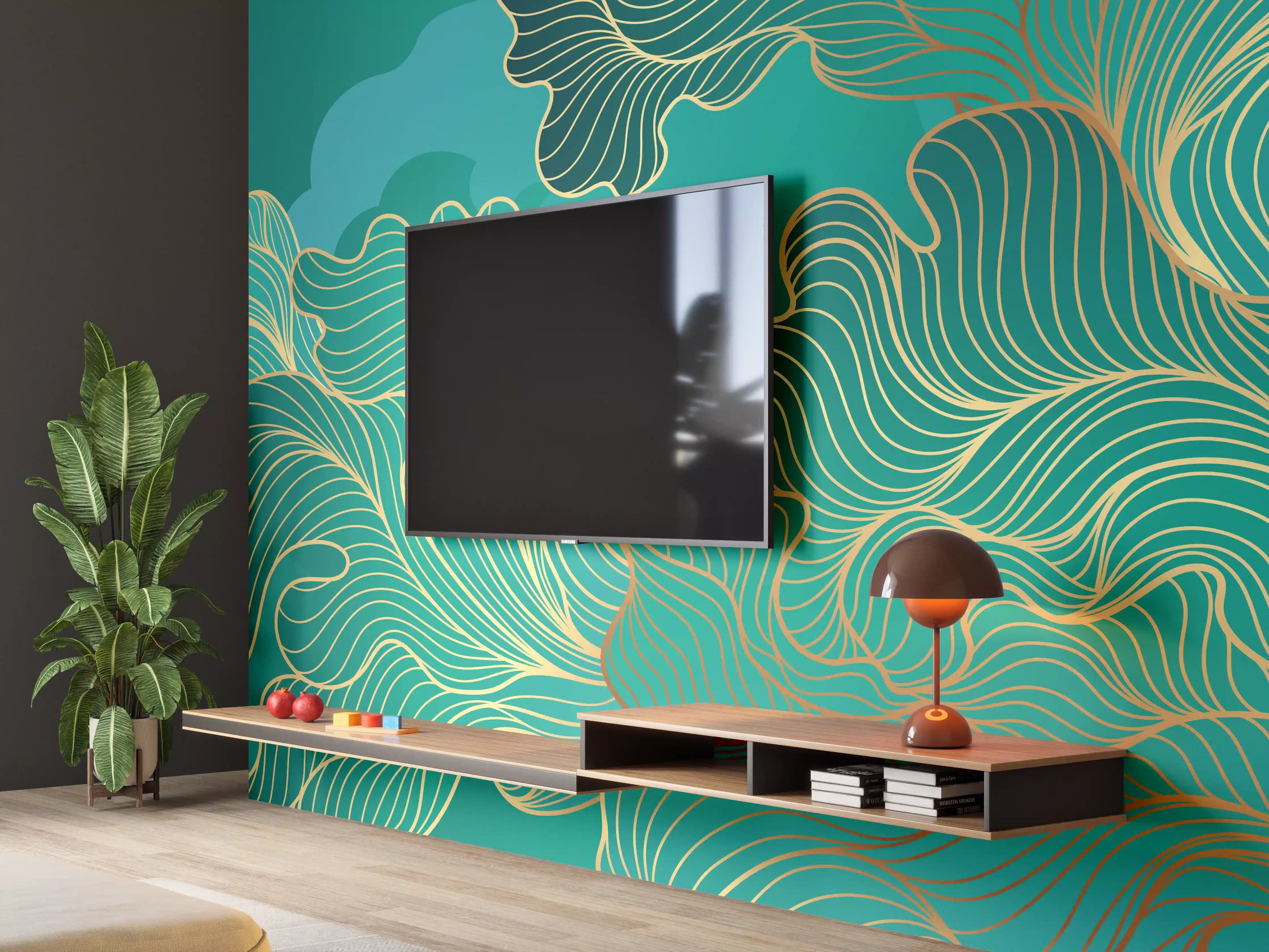 Wandverkleidung Wohnzimmer - Abstraktes Grüntöne-Gold-Lineart