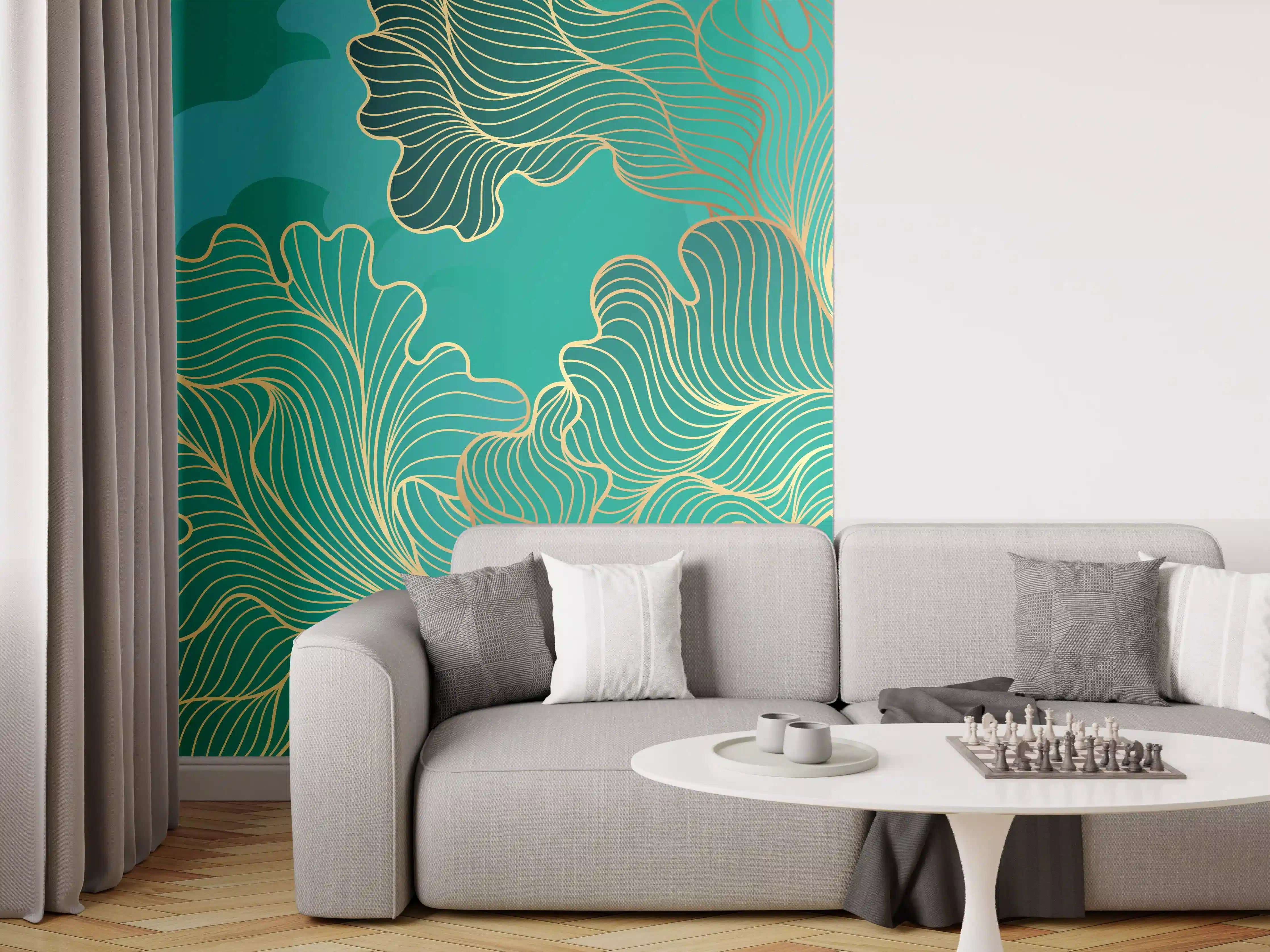 Wandverkleidung Wohnzimmer - Abstraktes Grüntöne-Gold-Lineart