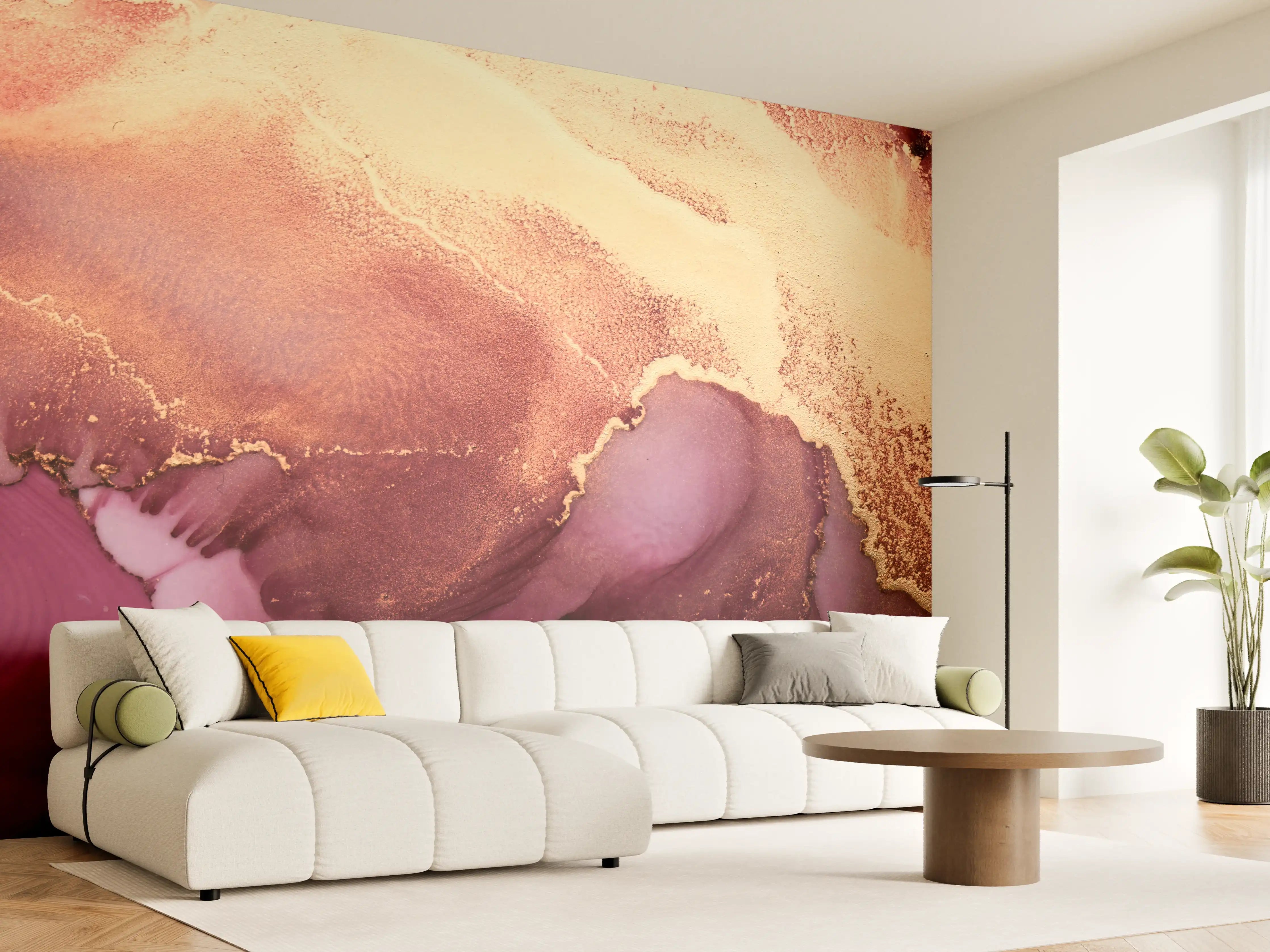 Wandverkleidung Wohnzimmer - Abstraktes Kunstwerk in Bergamotte und Lila