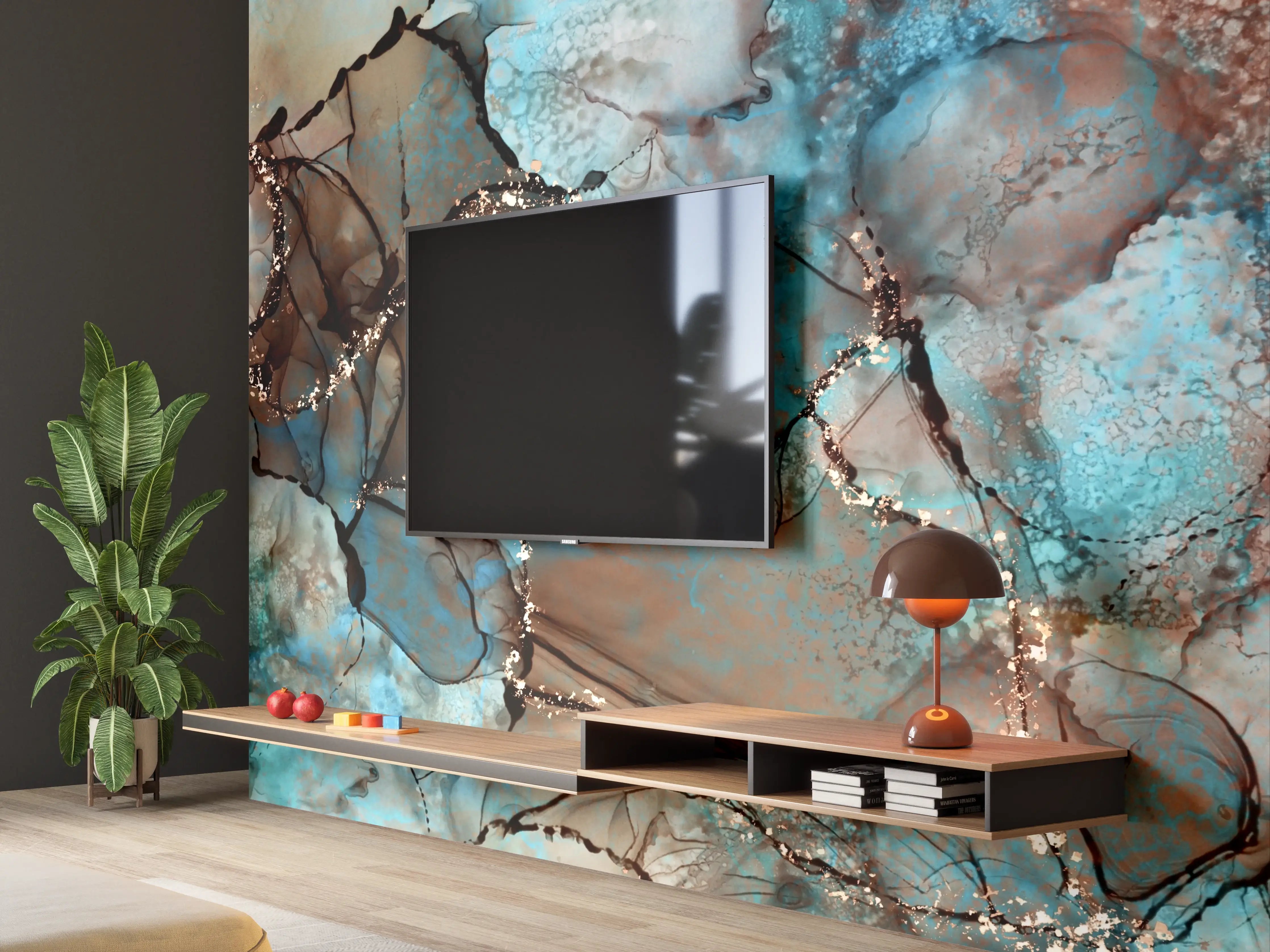 Wandverkleidung Wohnzimmer - Abstraktes Kunstwerk in Blau und Braun