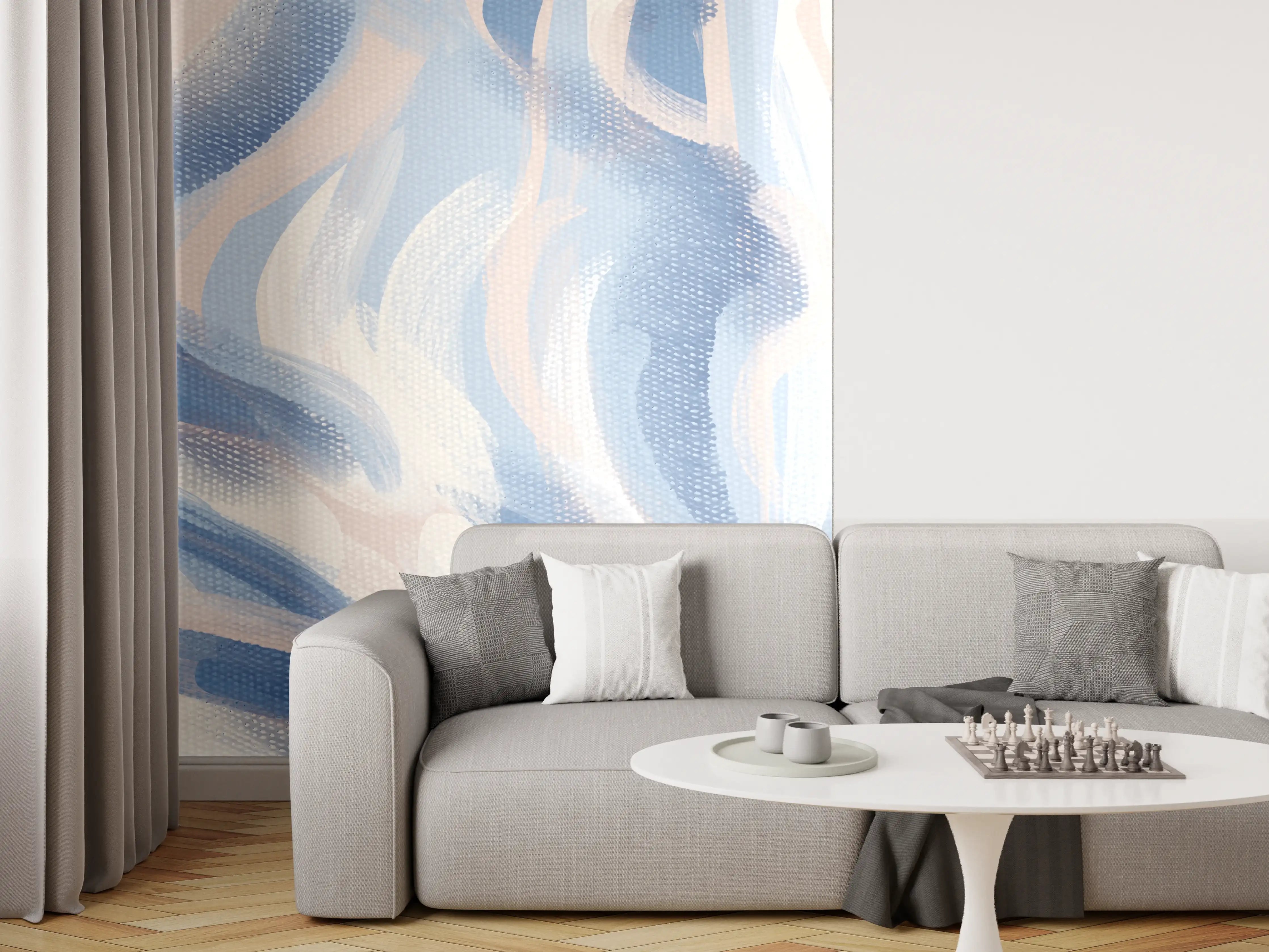 Wandverkleidung Wohnzimmer - Abstraktes Kunstwerk in Blau und Weiß