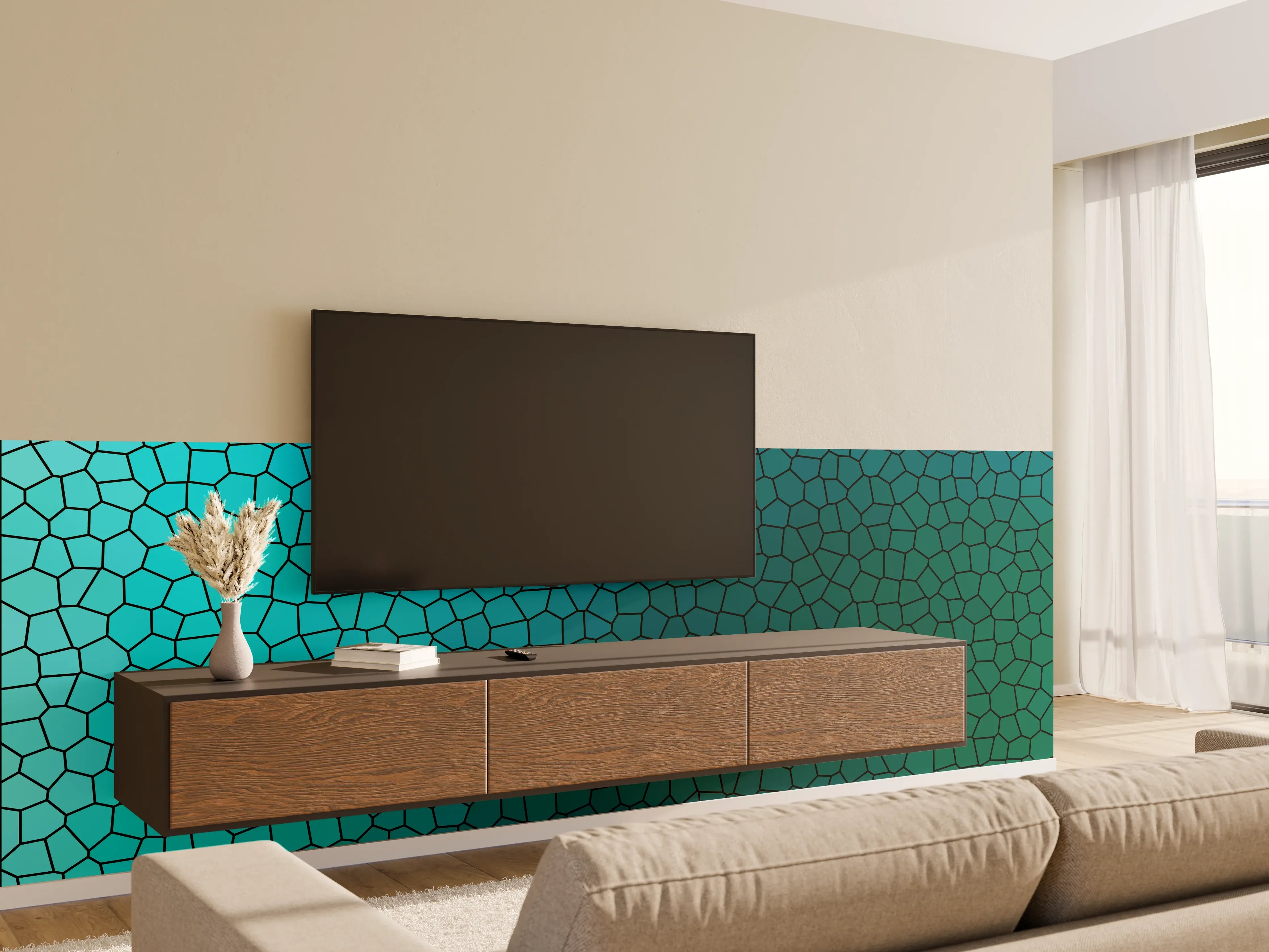 Wandverkleidung Wohnzimmer - Abstraktes Mosaik in Blau und Grün