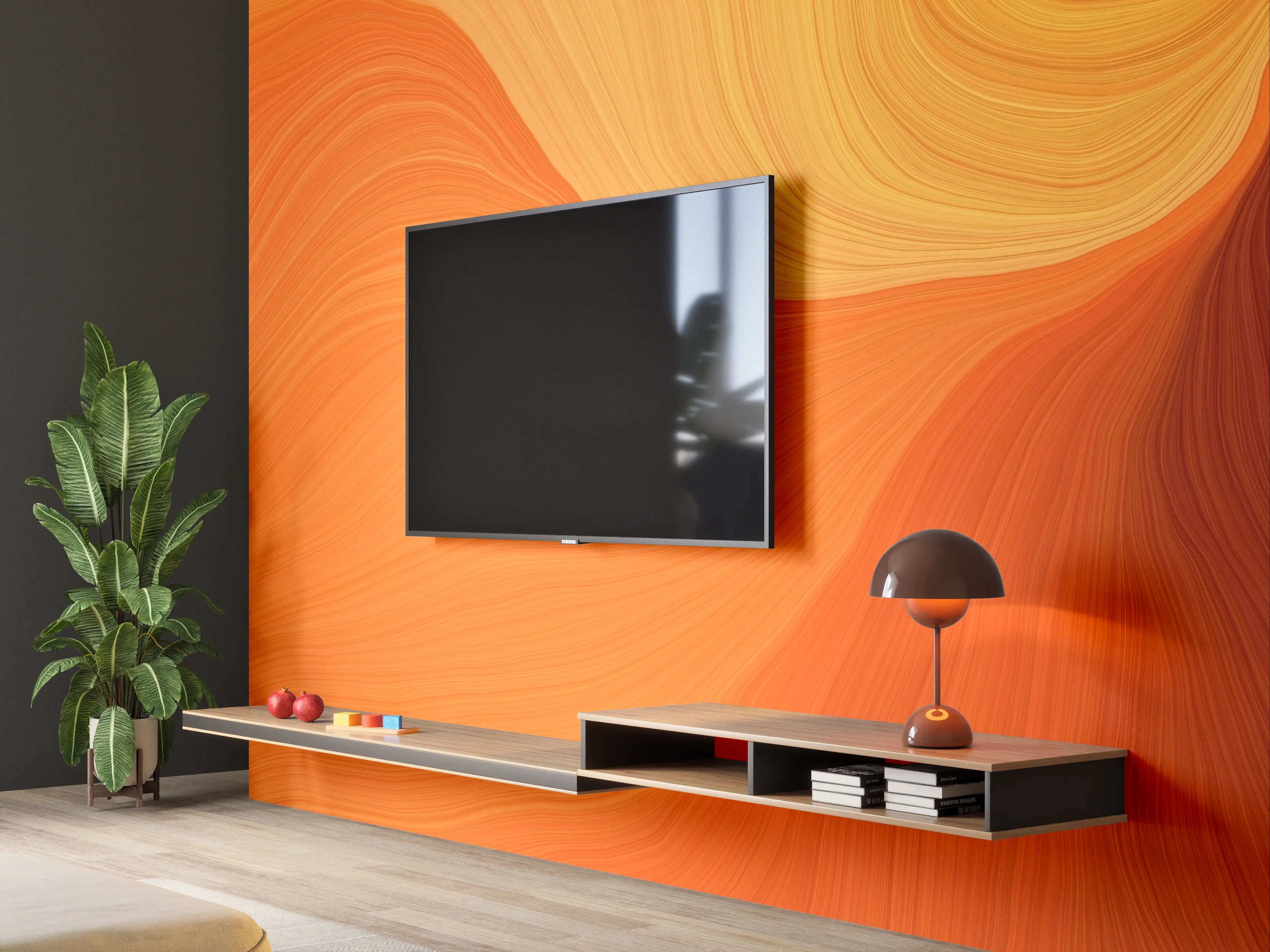 Wandverkleidung Wohnzimmer - Abstraktes Orange-Wellendesign