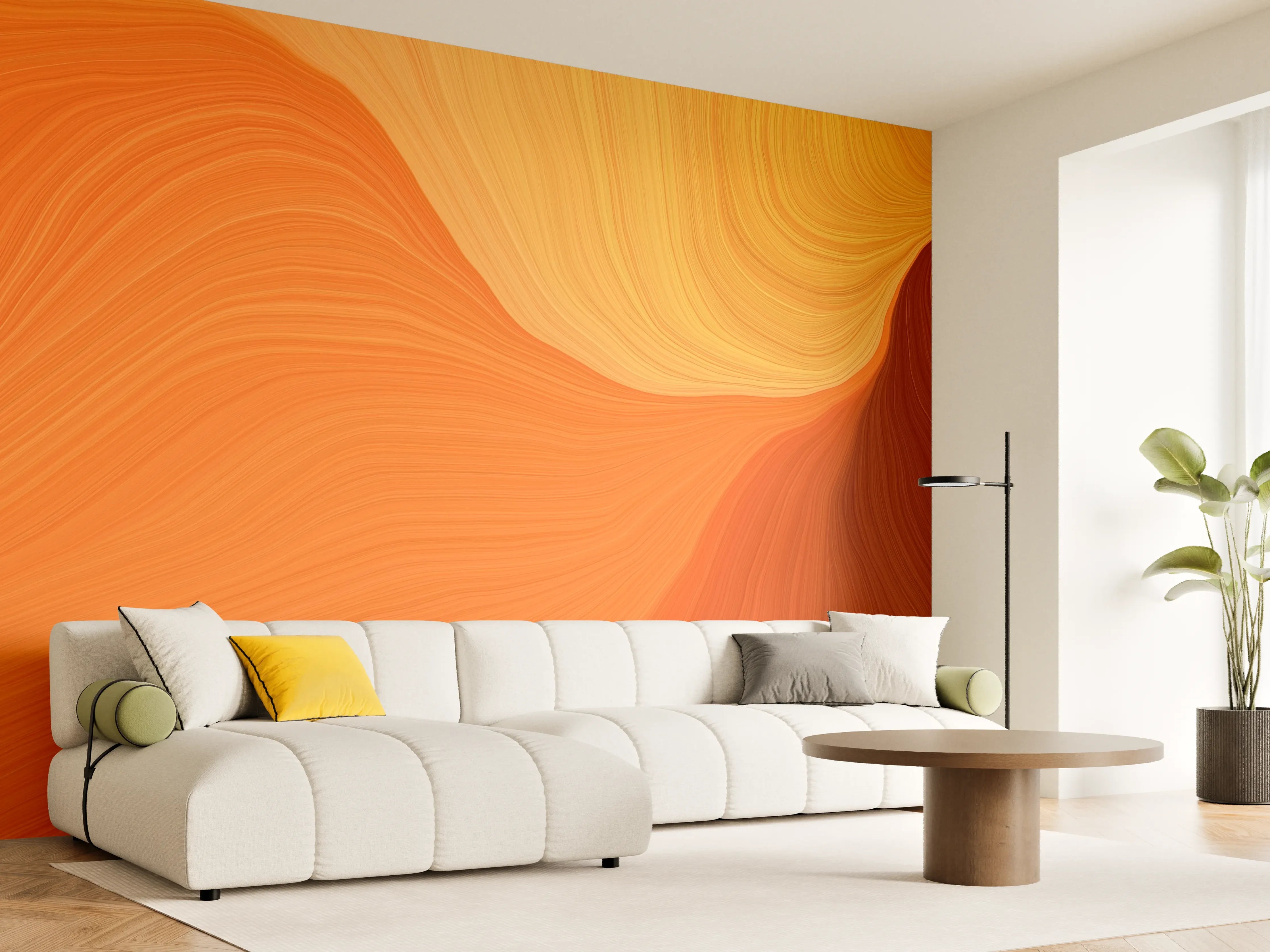 Wandverkleidung Wohnzimmer - Abstraktes Orange-Wellendesign