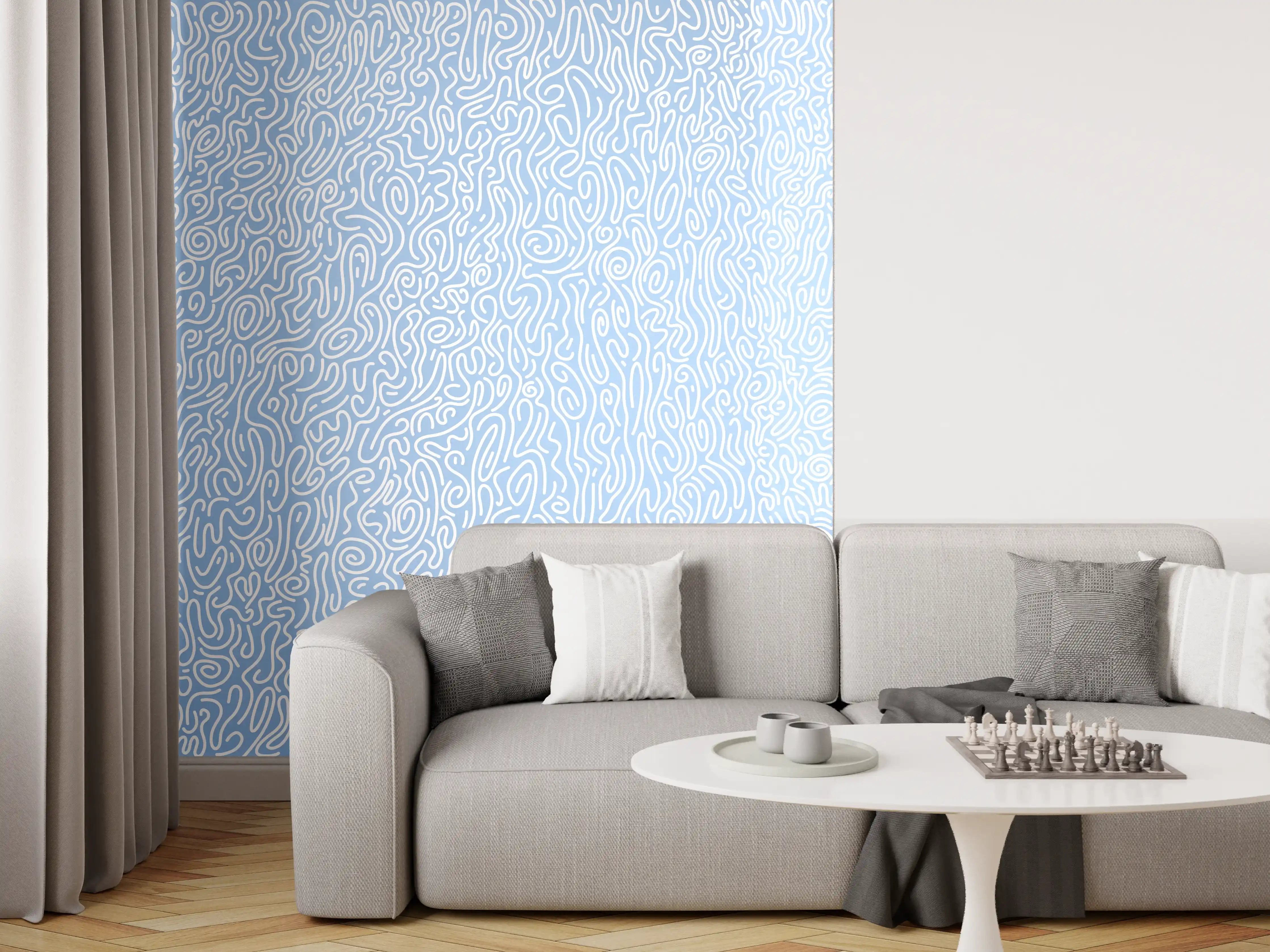 Wandverkleidung Wohnzimmer - Abstraktes, modernes Muster in Blau und Weiß