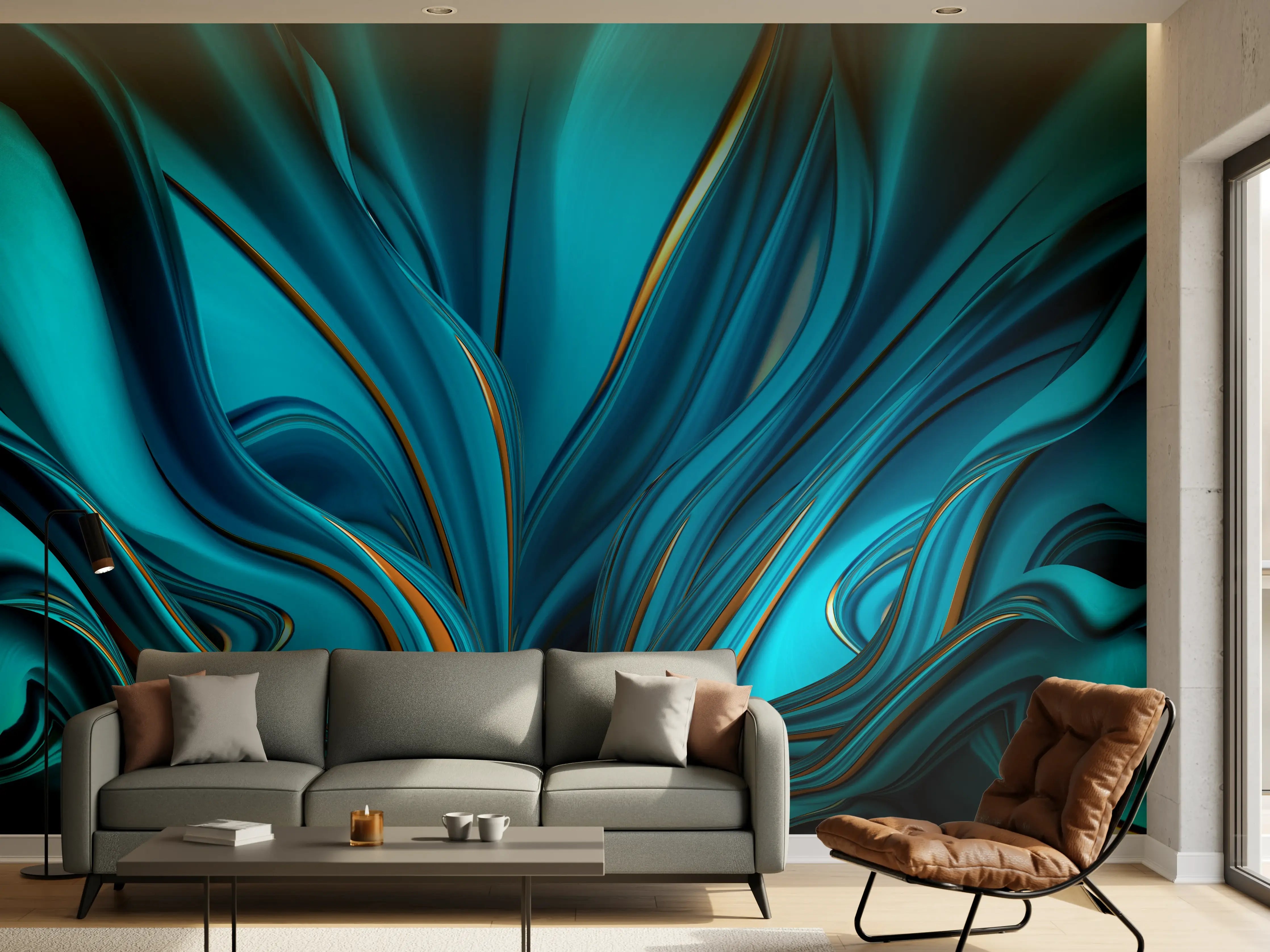 Wandverkleidung Wohnzimmer - Abstraktive digitale Kunst in Blau-Grün-Tönen