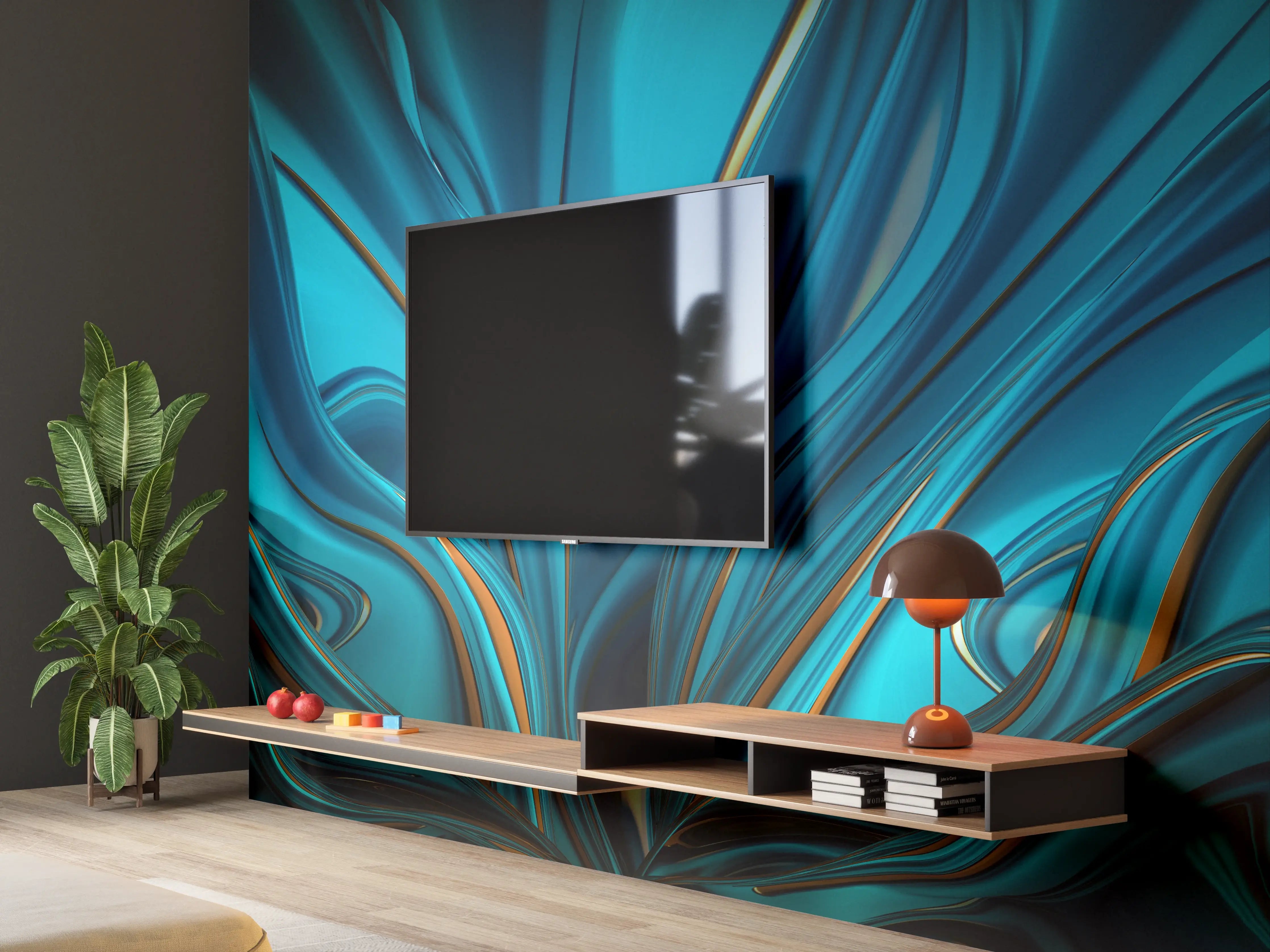 Wandverkleidung Wohnzimmer - Abstraktive digitale Kunst in Blau-Grün-Tönen