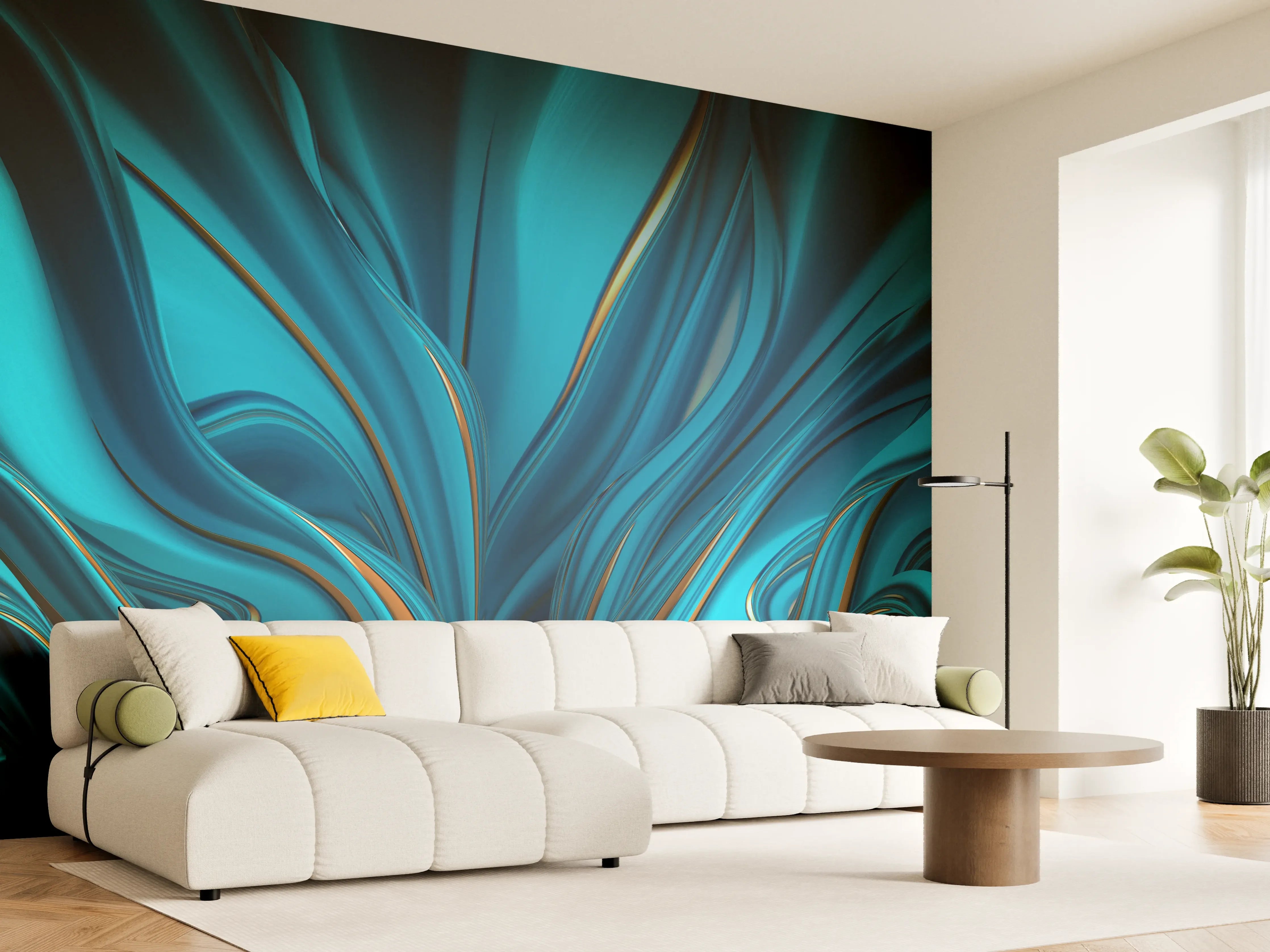 Wandverkleidung Wohnzimmer - Abstraktive digitale Kunst in Blau-Grün-Tönen