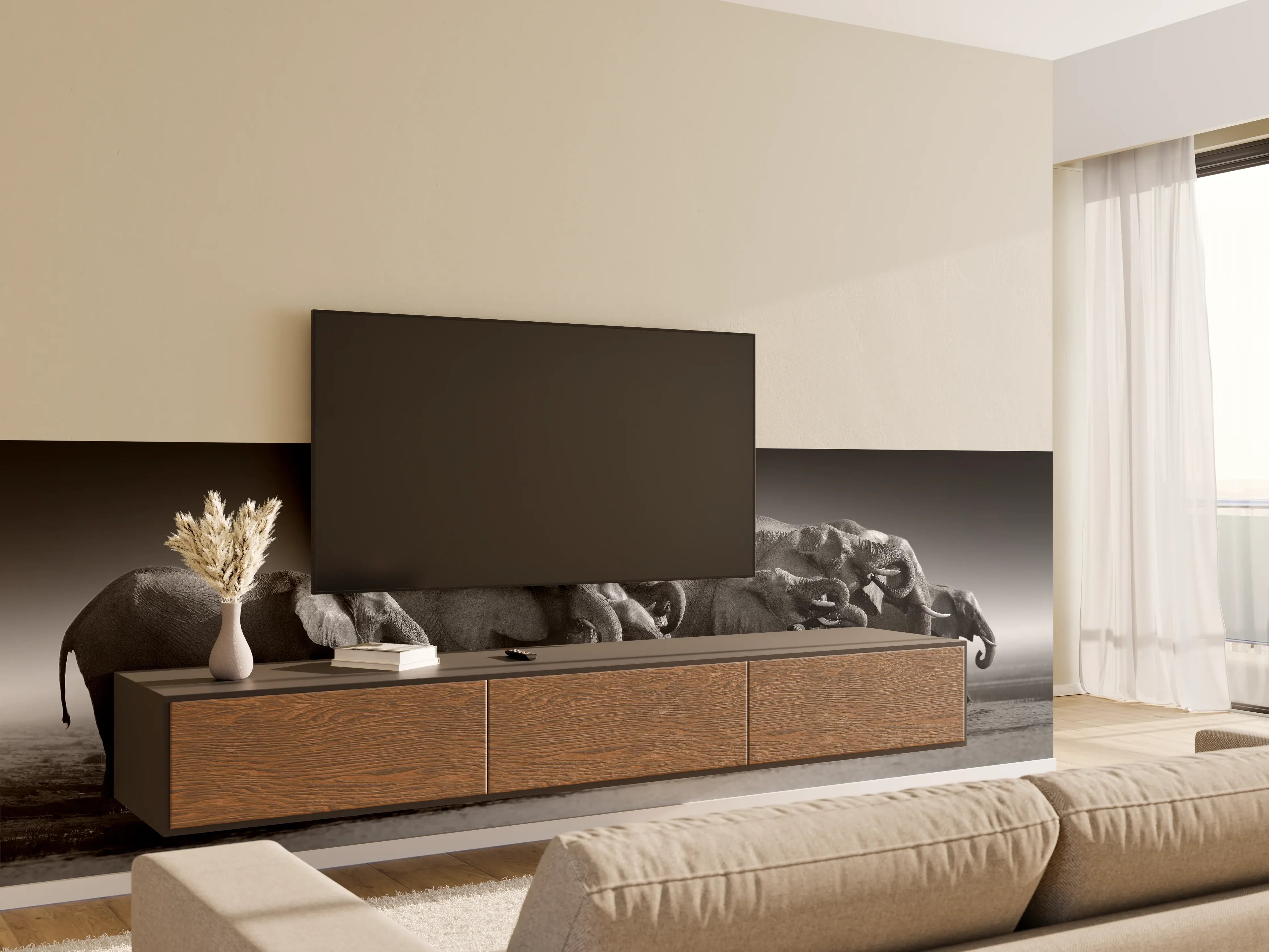 Wandverkleidung Wohnzimmer - Afrikanische Elefantenherde (Schwarz-Weiß)