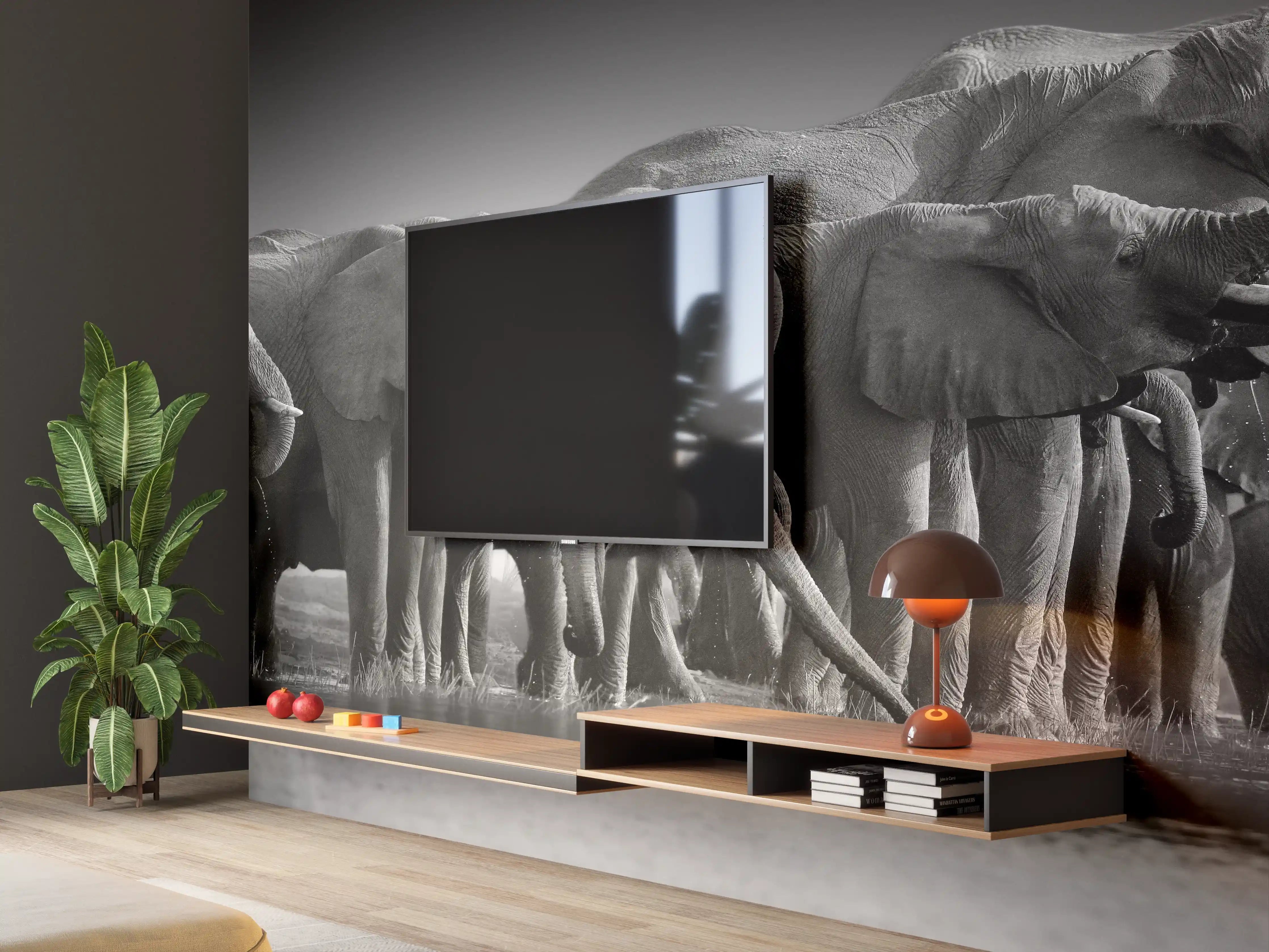 Wandverkleidung Wohnzimmer - Afrikanische Elefantenherde (Schwarz-Weiß)