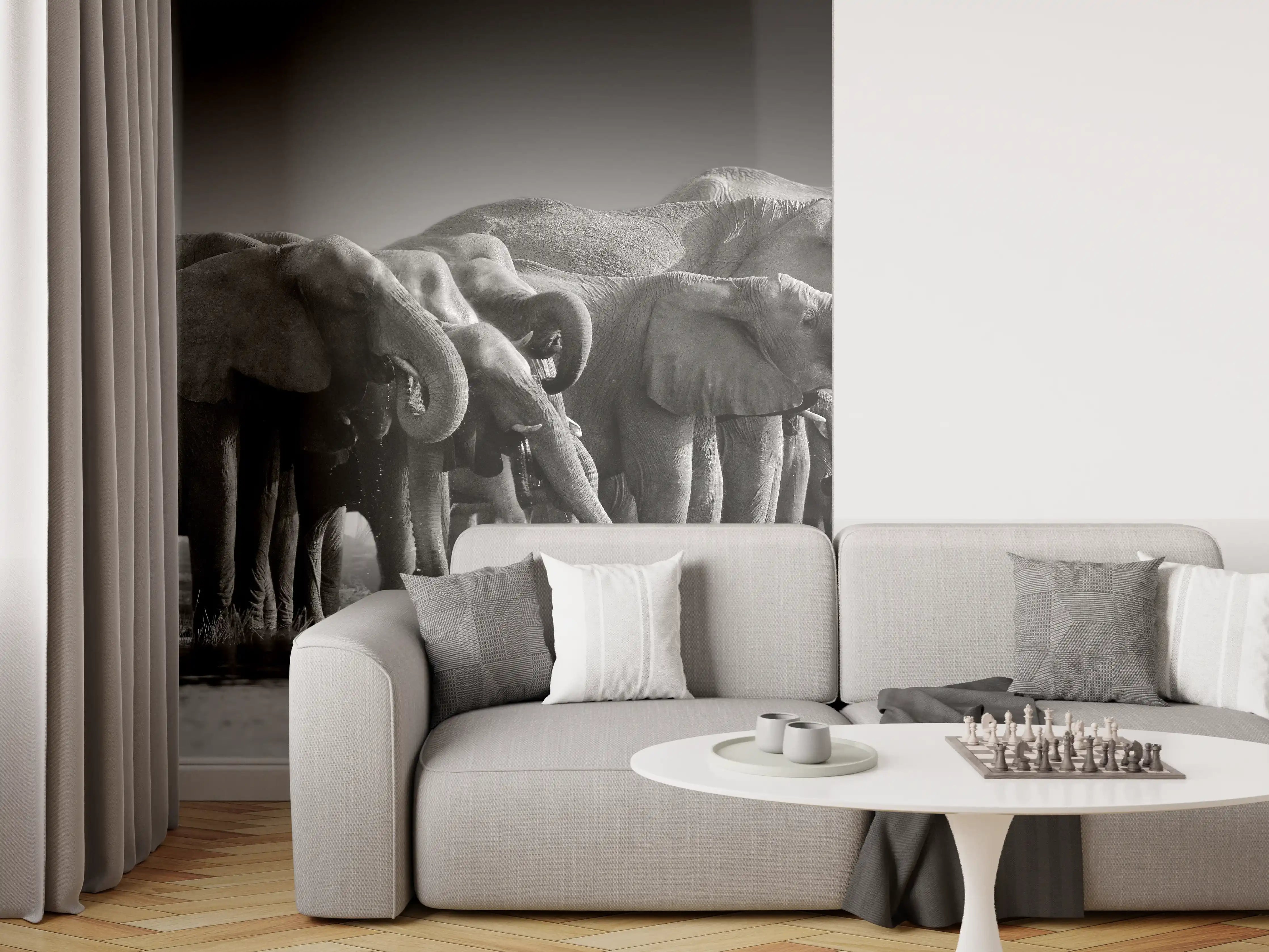 Wandverkleidung Wohnzimmer - Afrikanische Elefantenherde (Schwarz-Weiß)