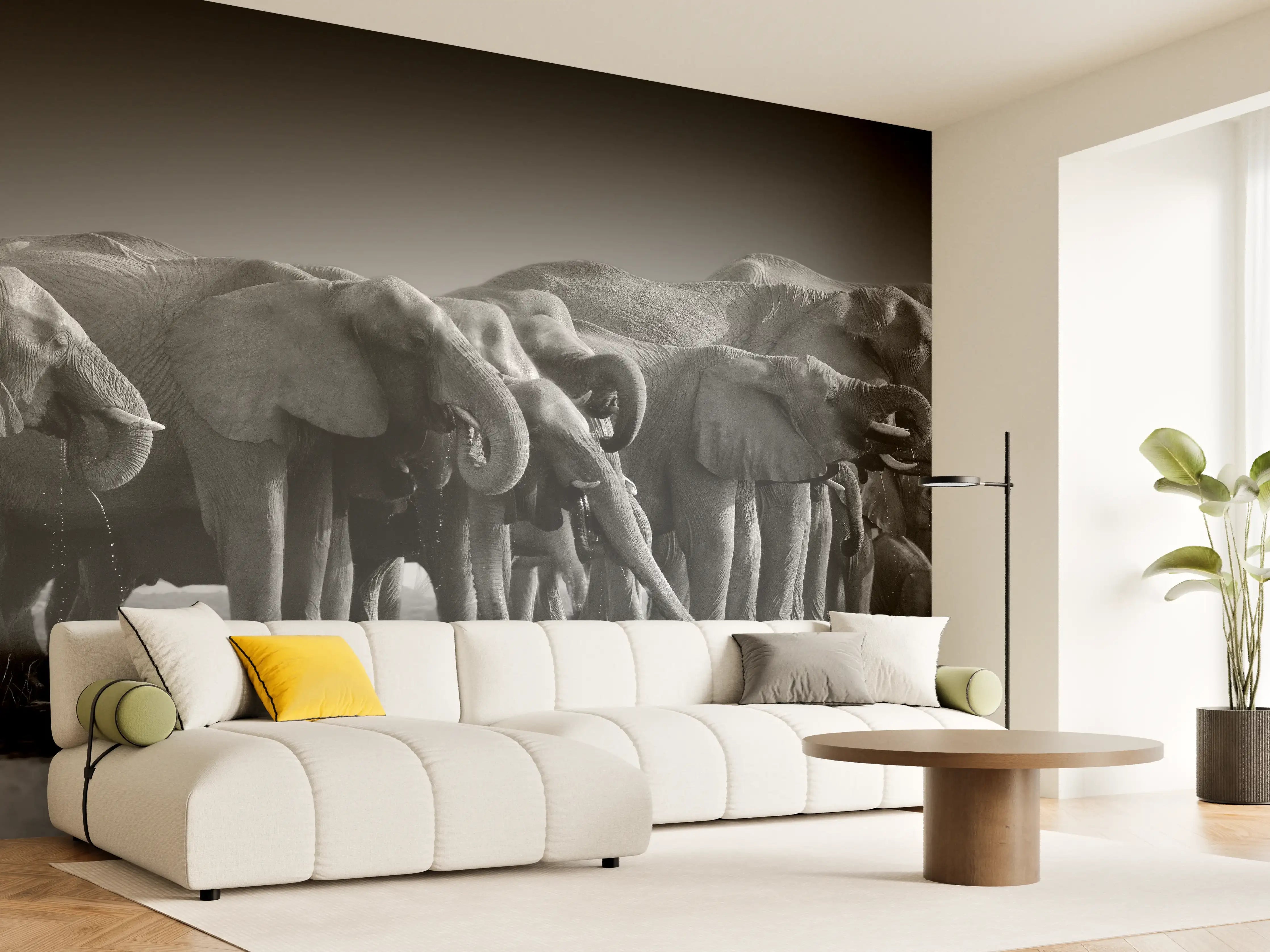 Wandverkleidung Wohnzimmer - Afrikanische Elefantenherde (Schwarz-Weiß)