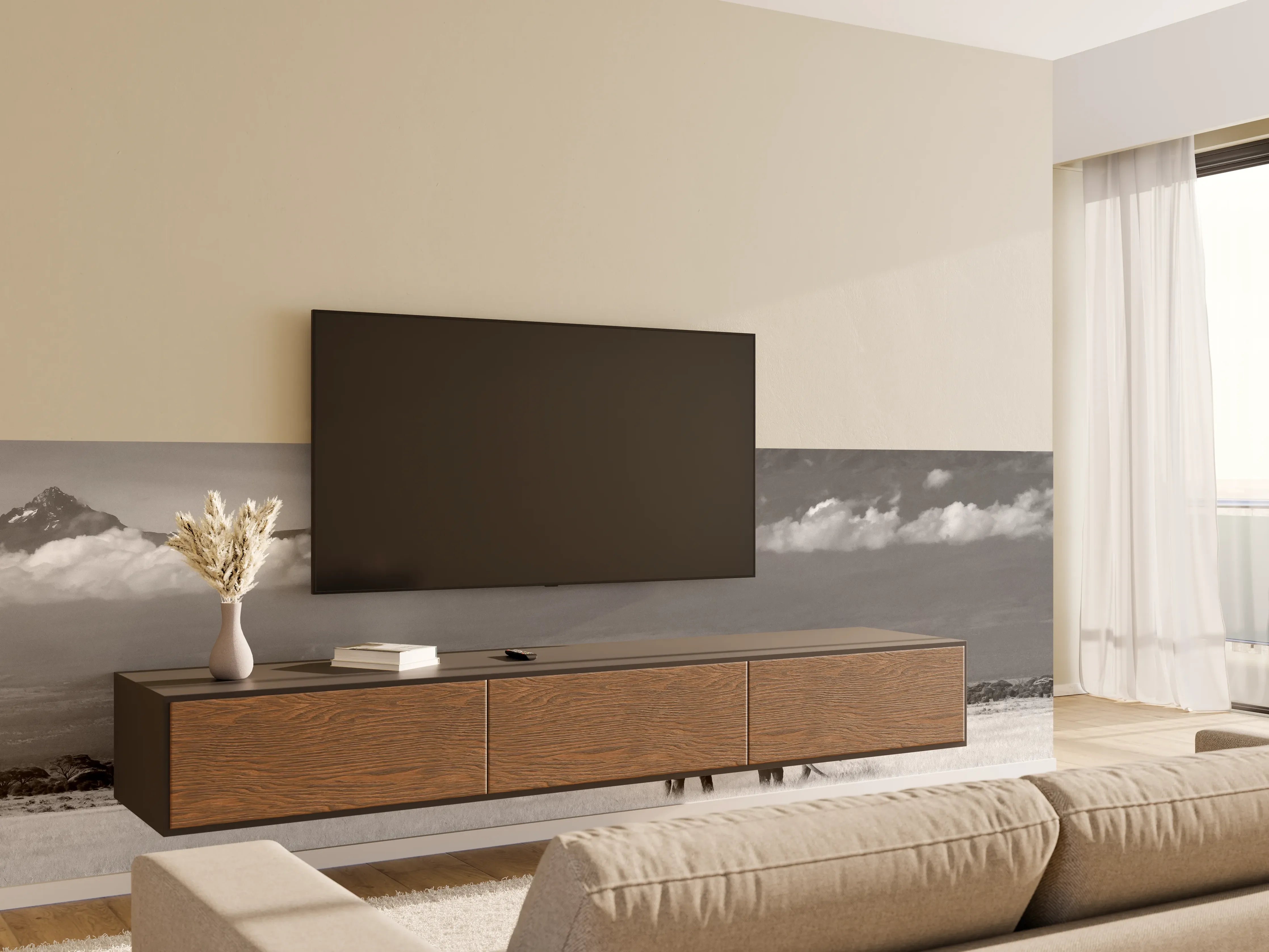 Wandverkleidung Wohnzimmer - Afrikanische Landschaft - Schwarz-weiß