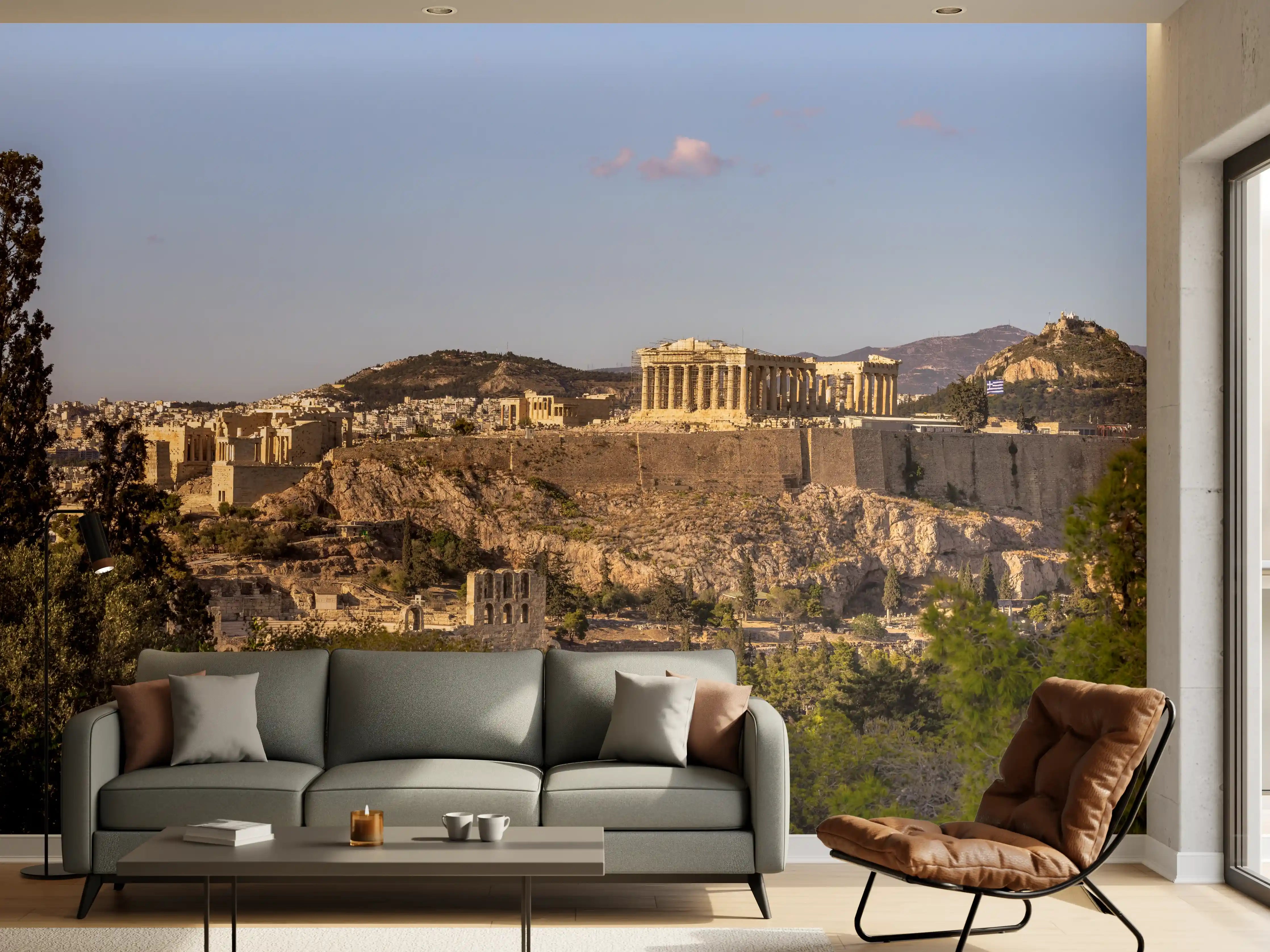 Wandverkleidung Wohnzimmer - Akropolis Panorama Beige-Blau