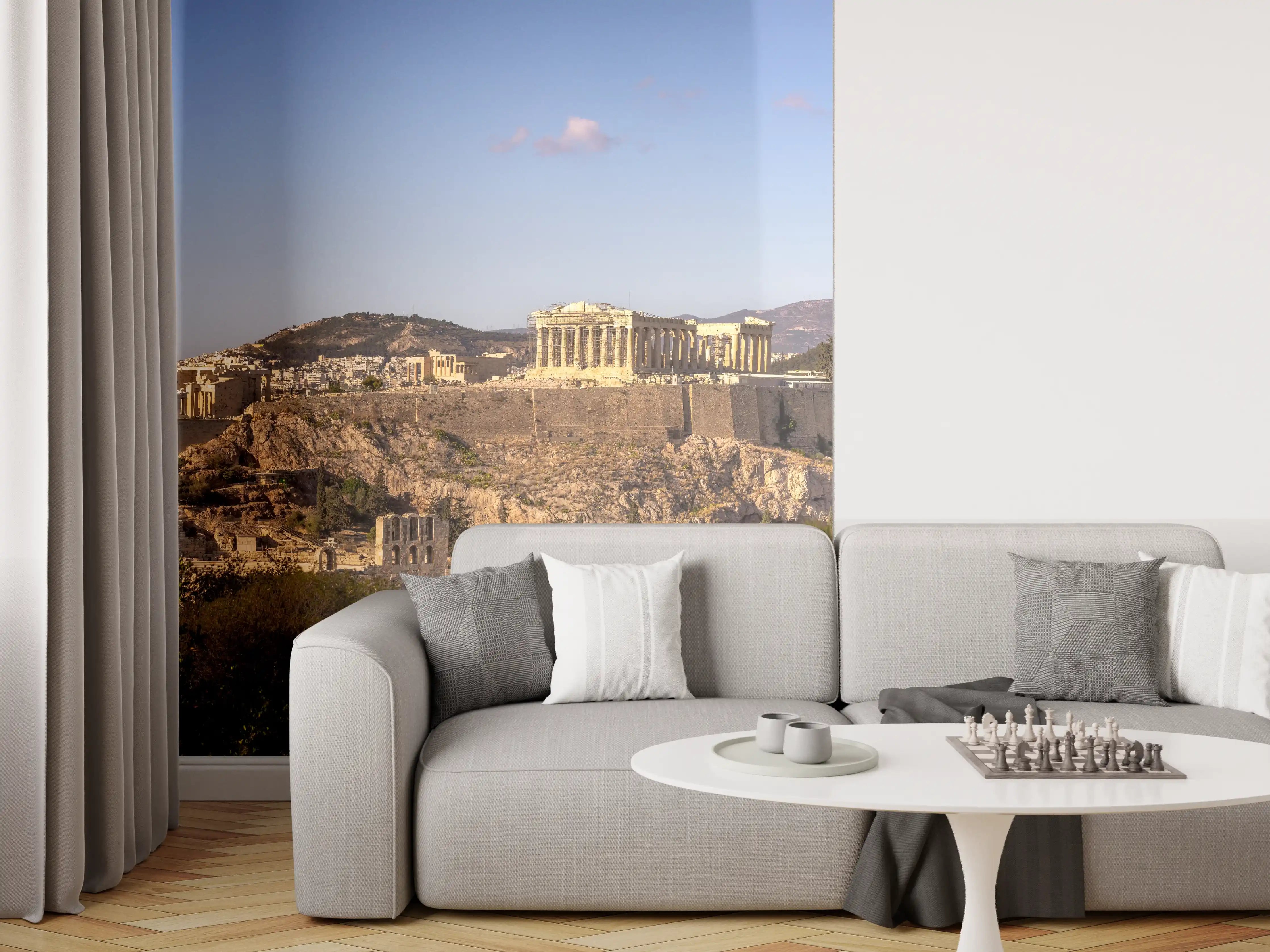 Wandverkleidung Wohnzimmer - Akropolis Panorama Beige-Blau