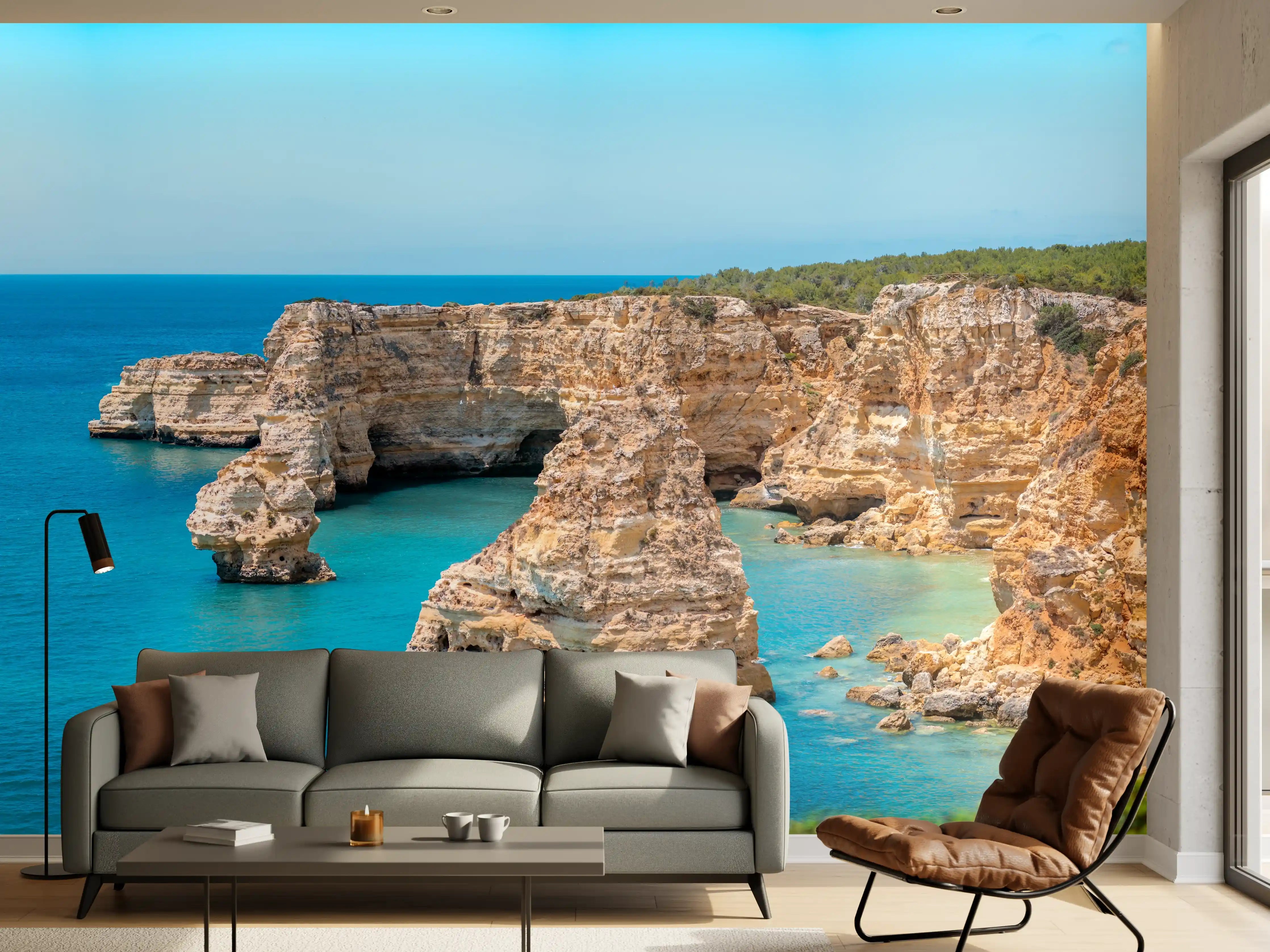 Wandverkleidung Wohnzimmer - Algarve-Klippen am türkisblauen Meer