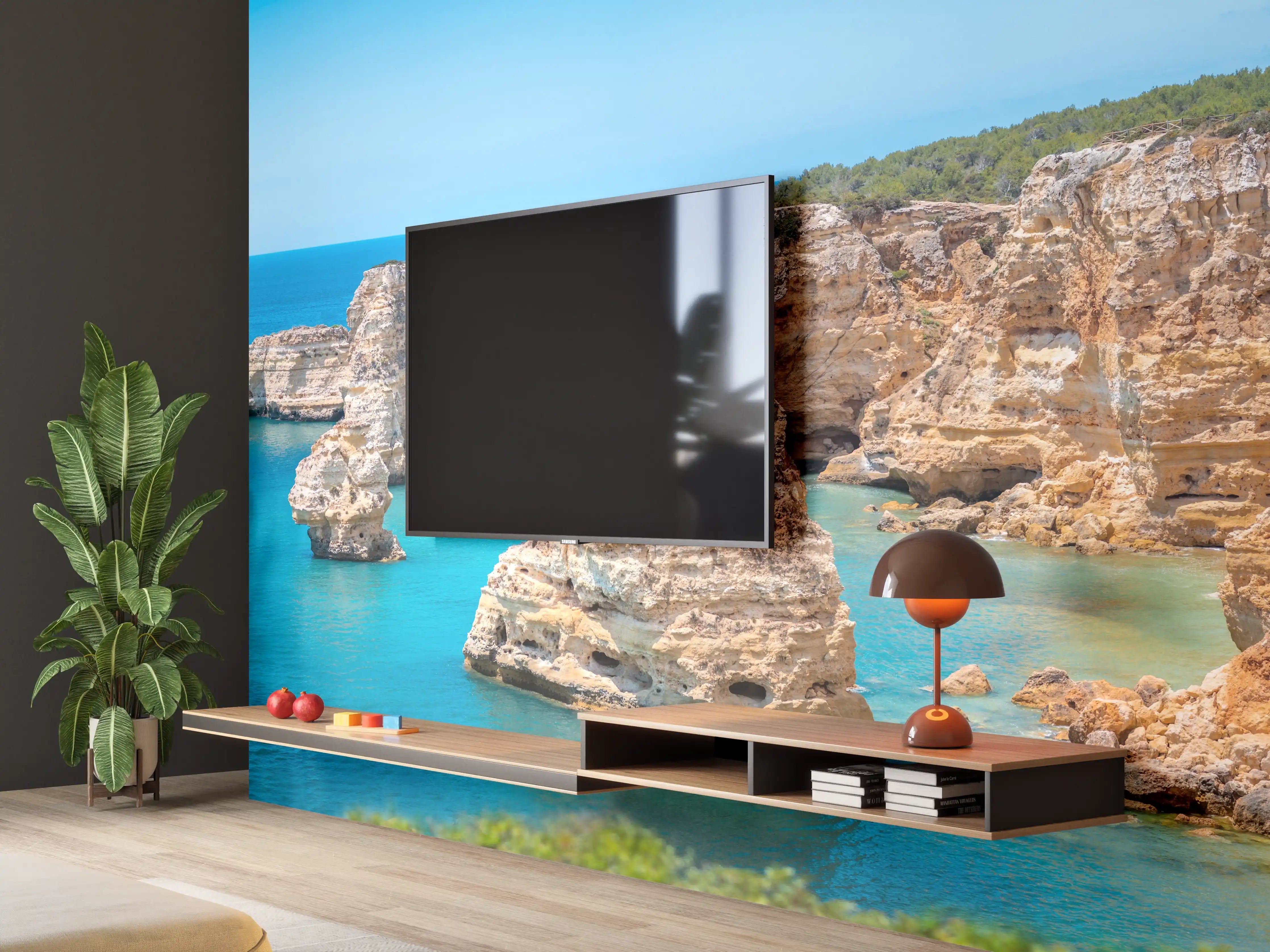 Wandverkleidung Wohnzimmer - Algarve-Klippen am türkisblauen Meer