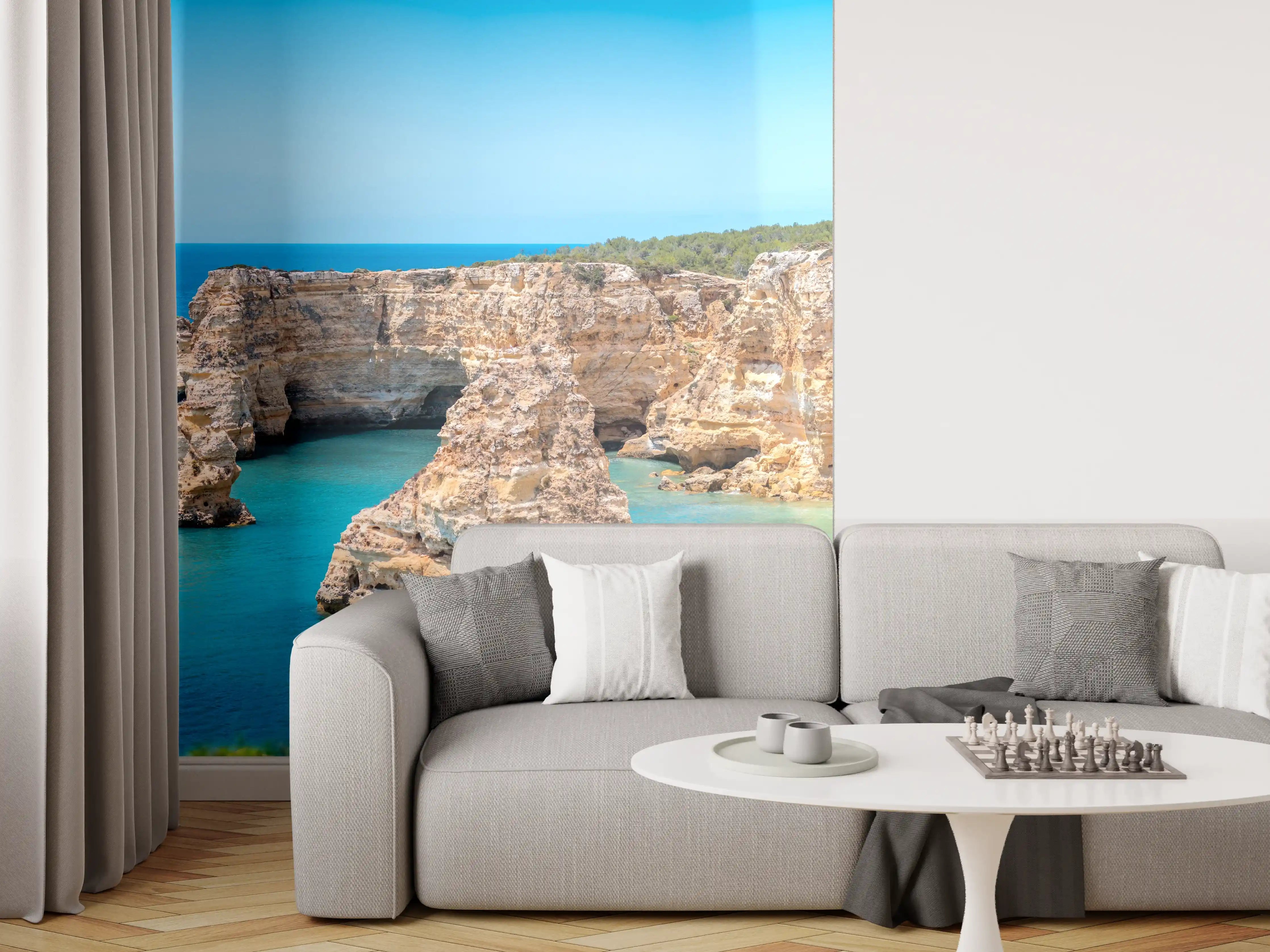 Wandverkleidung Wohnzimmer - Algarve-Klippen am türkisblauen Meer