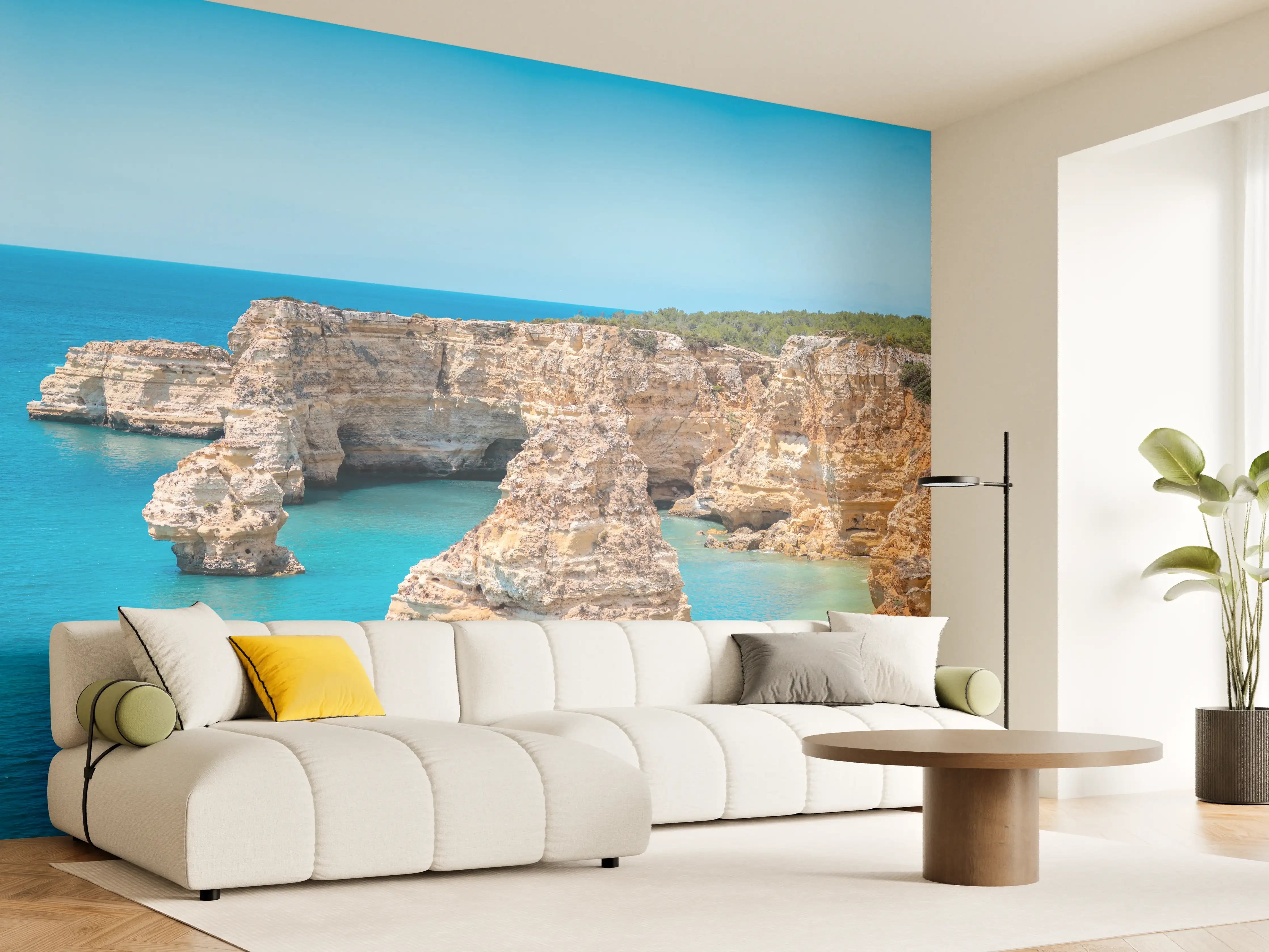 Wandverkleidung Wohnzimmer - Algarve-Klippen am türkisblauen Meer