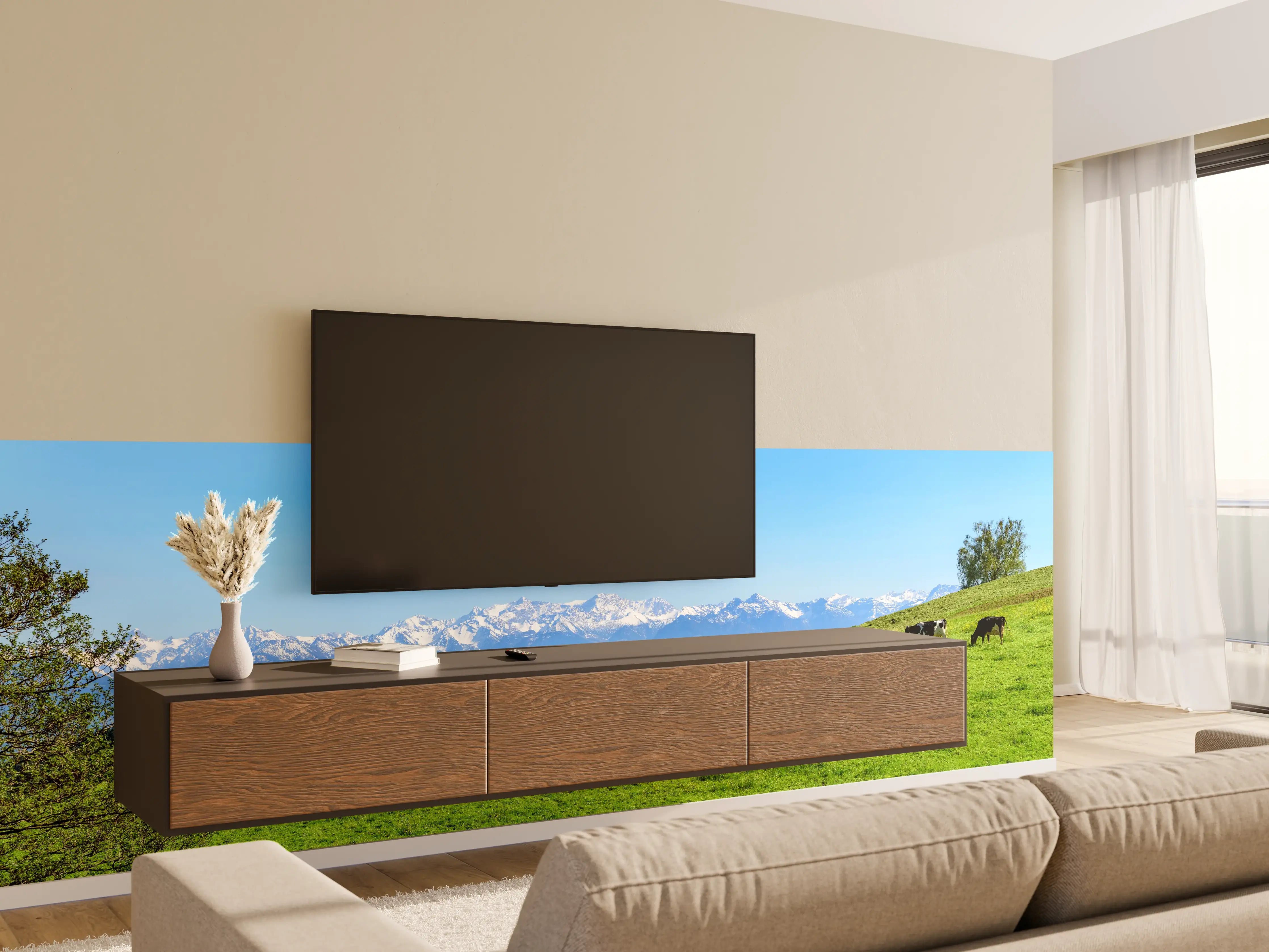 Wandverkleidung Wohnzimmer - Almwiese mit Kühen und Alpenblick
