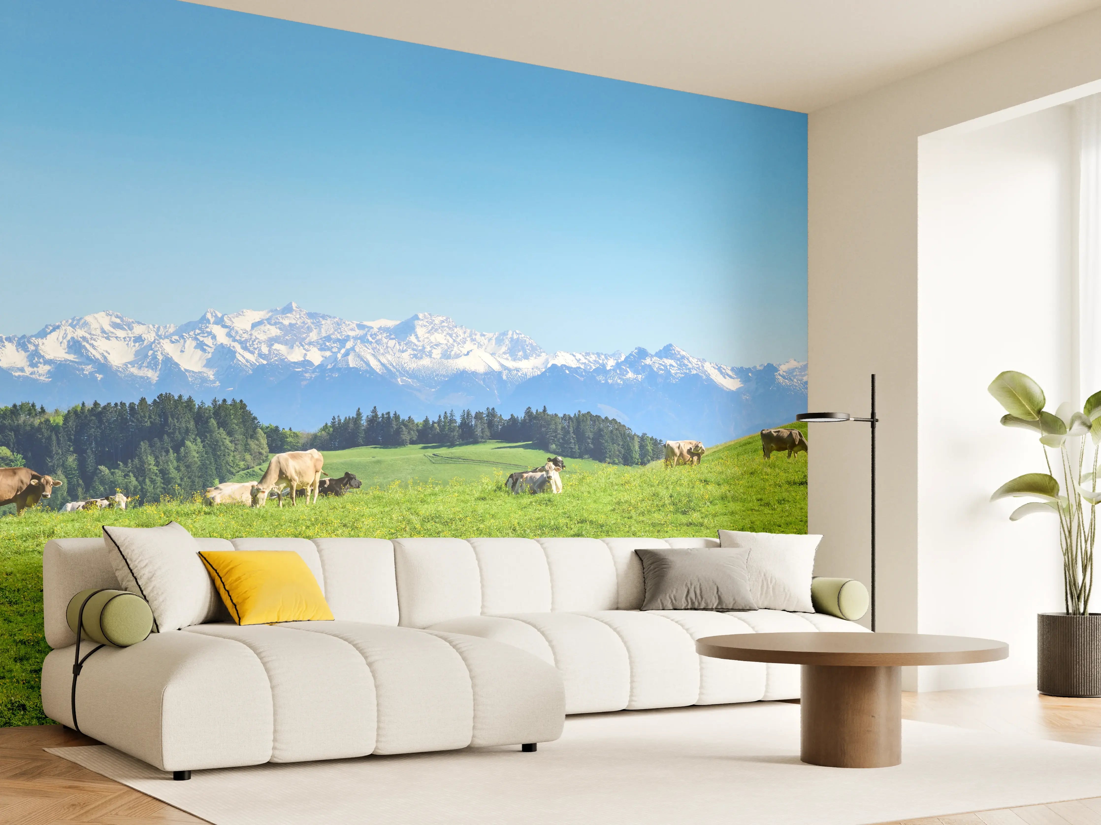 Wandverkleidung Wohnzimmer - Almwiese mit Kühen und Alpenblick
