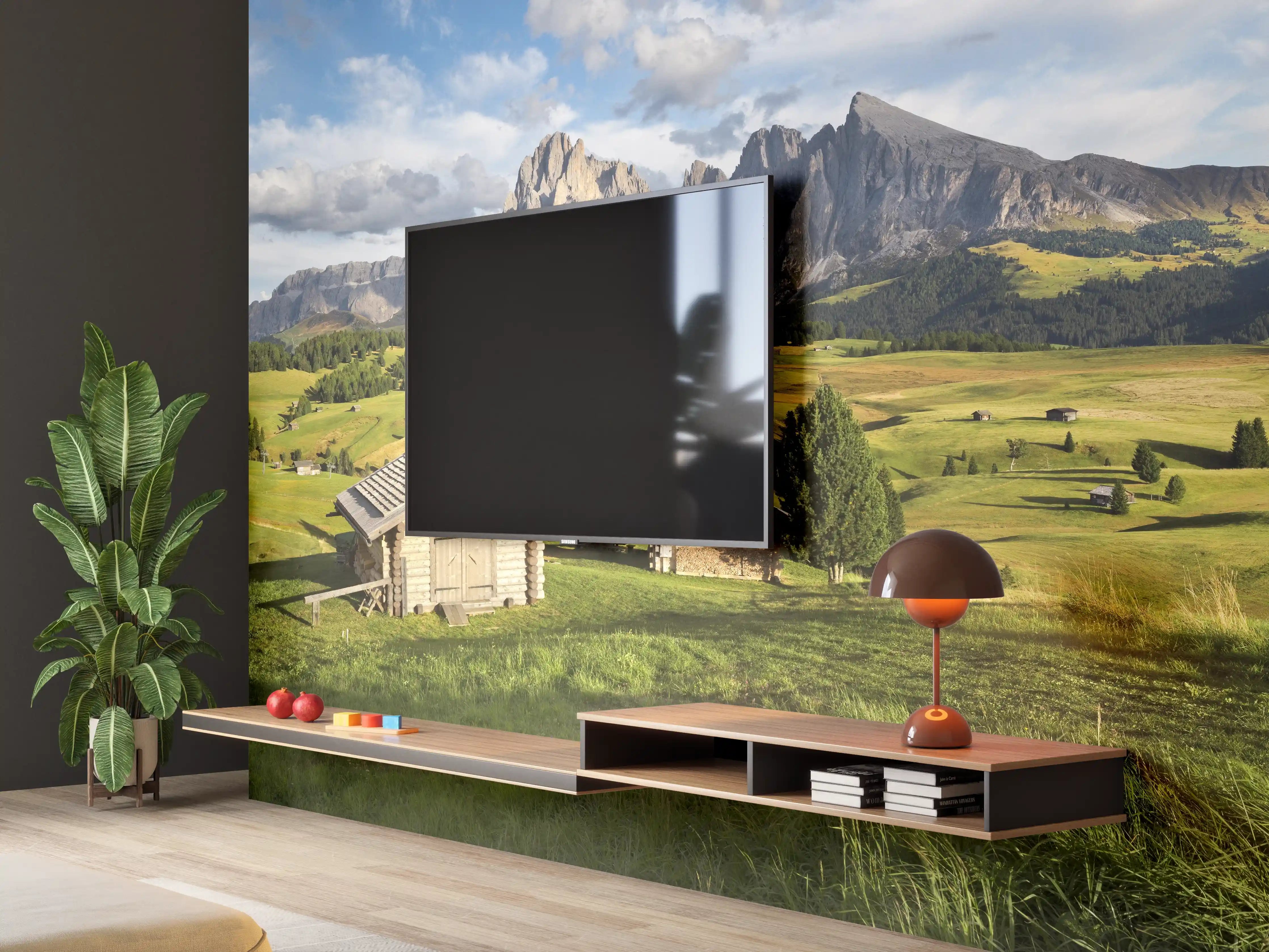 Wandverkleidung Wohnzimmer - Alpenidylle mit grünen Wiesen