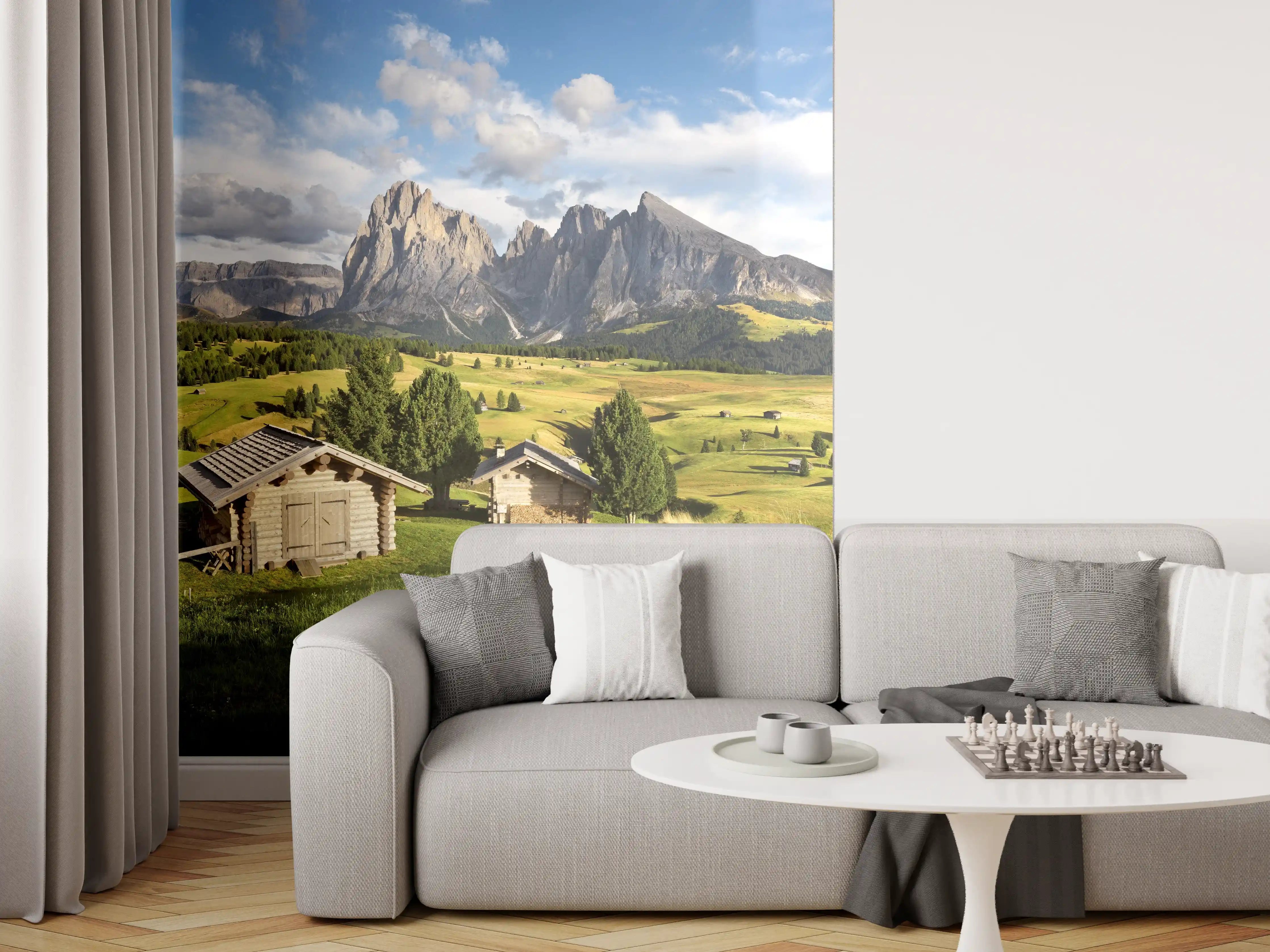 Wandverkleidung Wohnzimmer - Alpenidylle mit grünen Wiesen