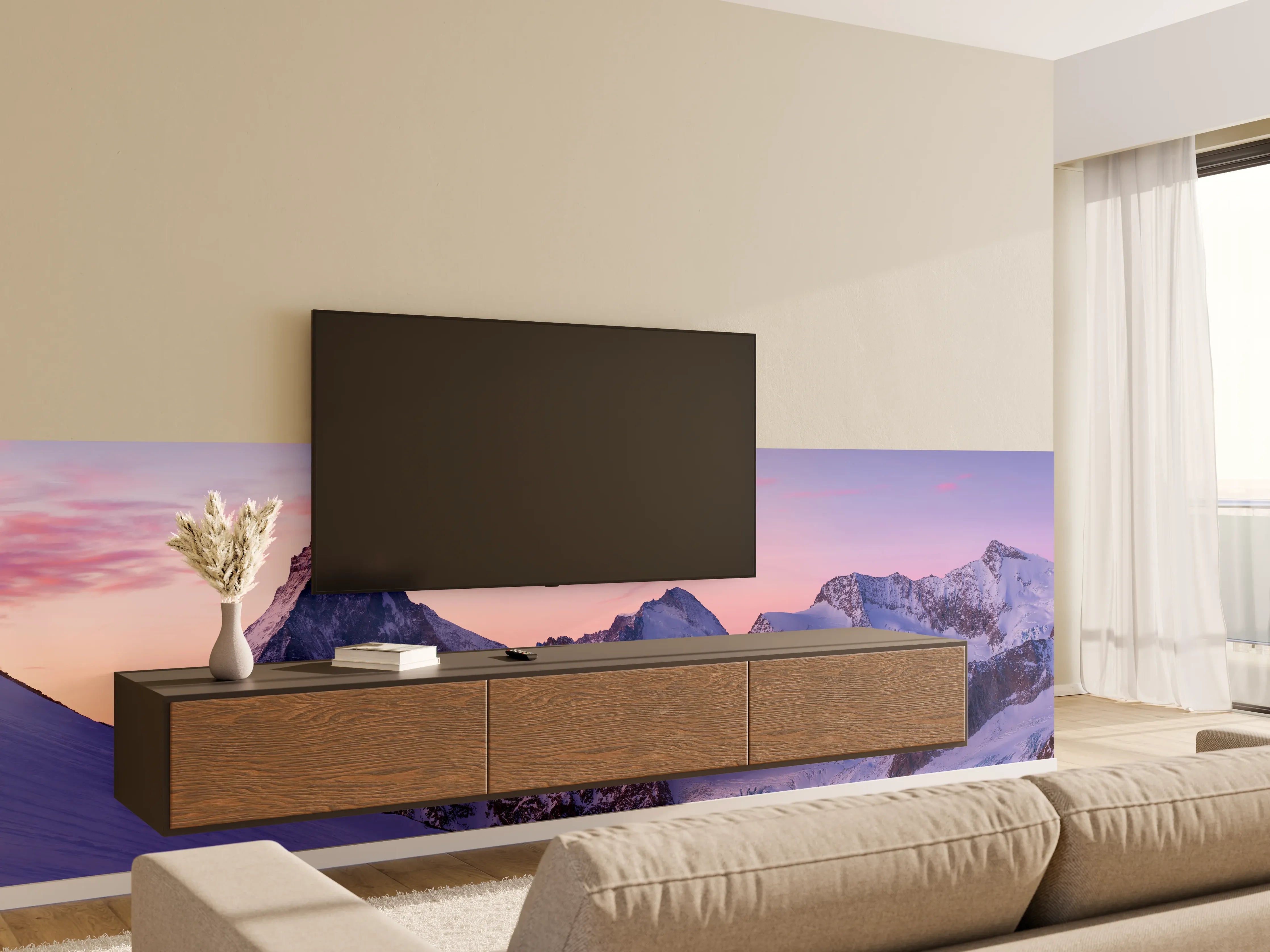Wandverkleidung Wohnzimmer - Alpenpanorama Sonnenuntergang Weiß-Rosa