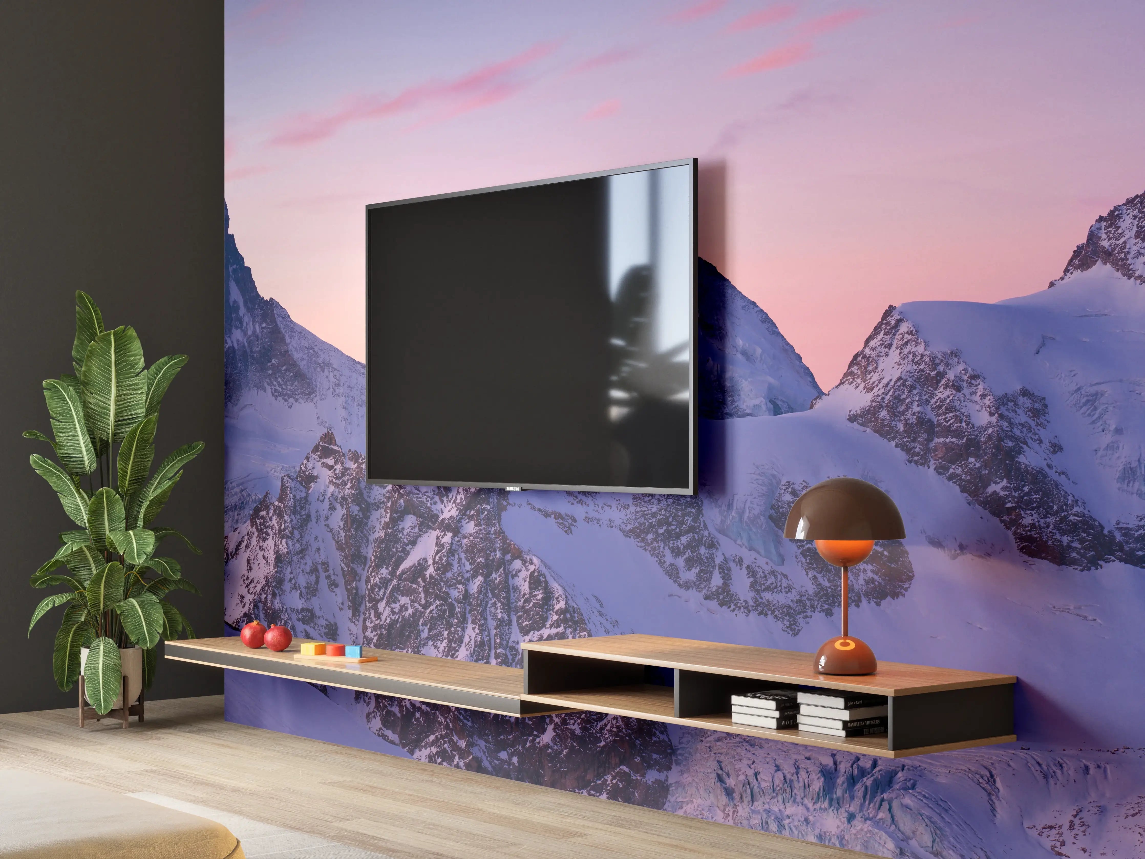 Wandverkleidung Wohnzimmer - Alpenpanorama Sonnenuntergang Weiß-Rosa