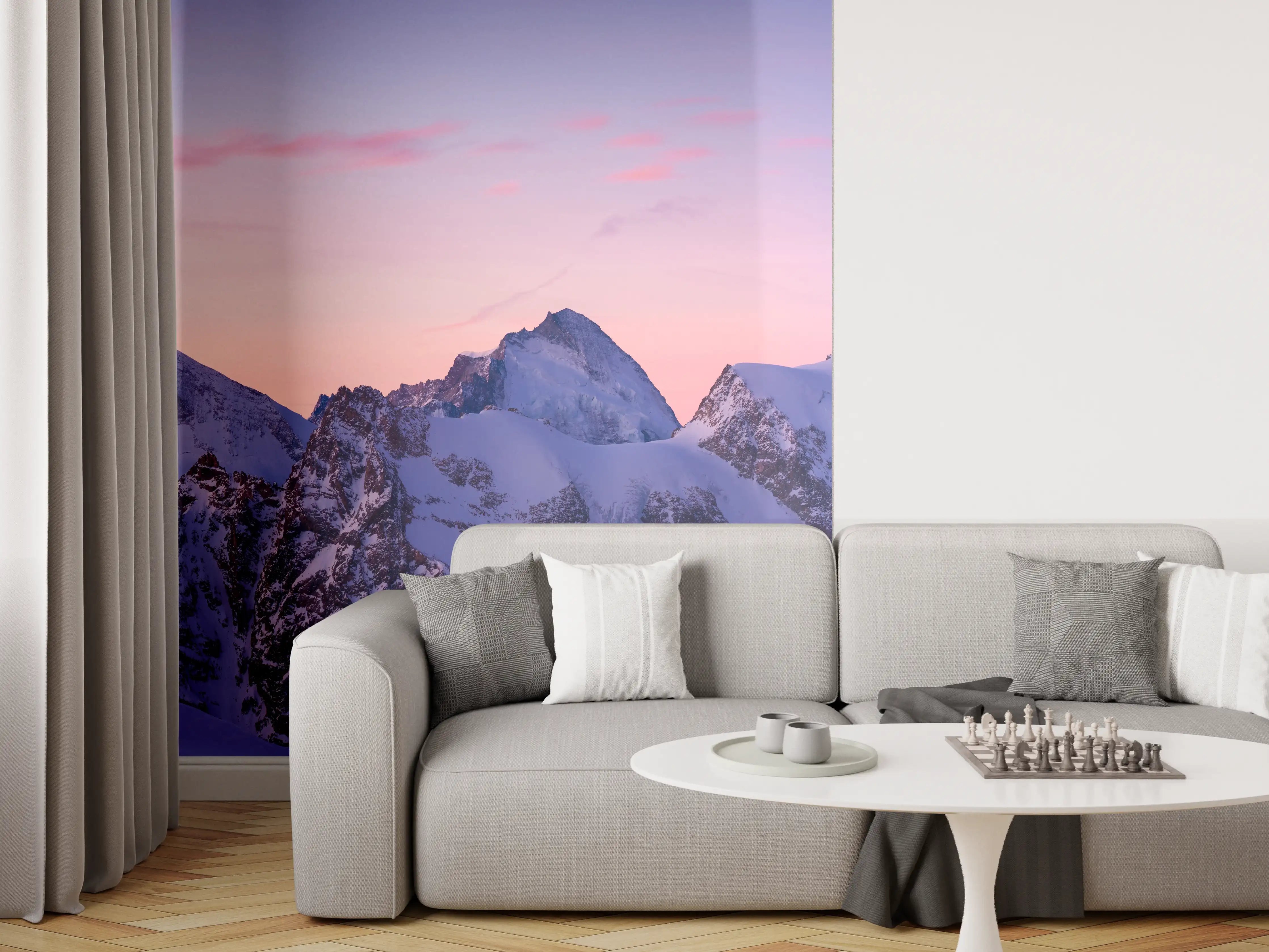 Wandverkleidung Wohnzimmer - Alpenpanorama Sonnenuntergang Weiß-Rosa
