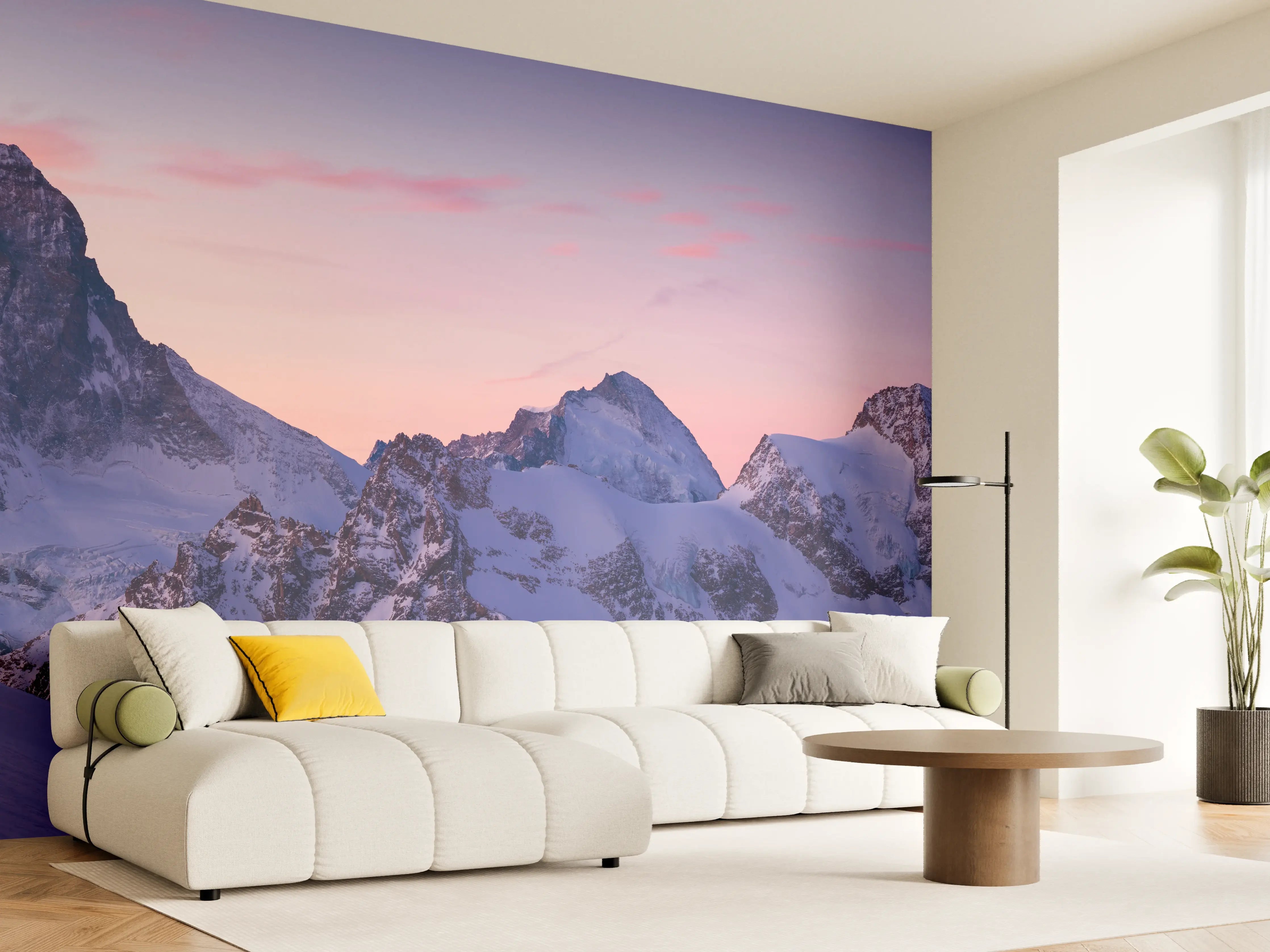 Wandverkleidung Wohnzimmer - Alpenpanorama Sonnenuntergang Weiß-Rosa