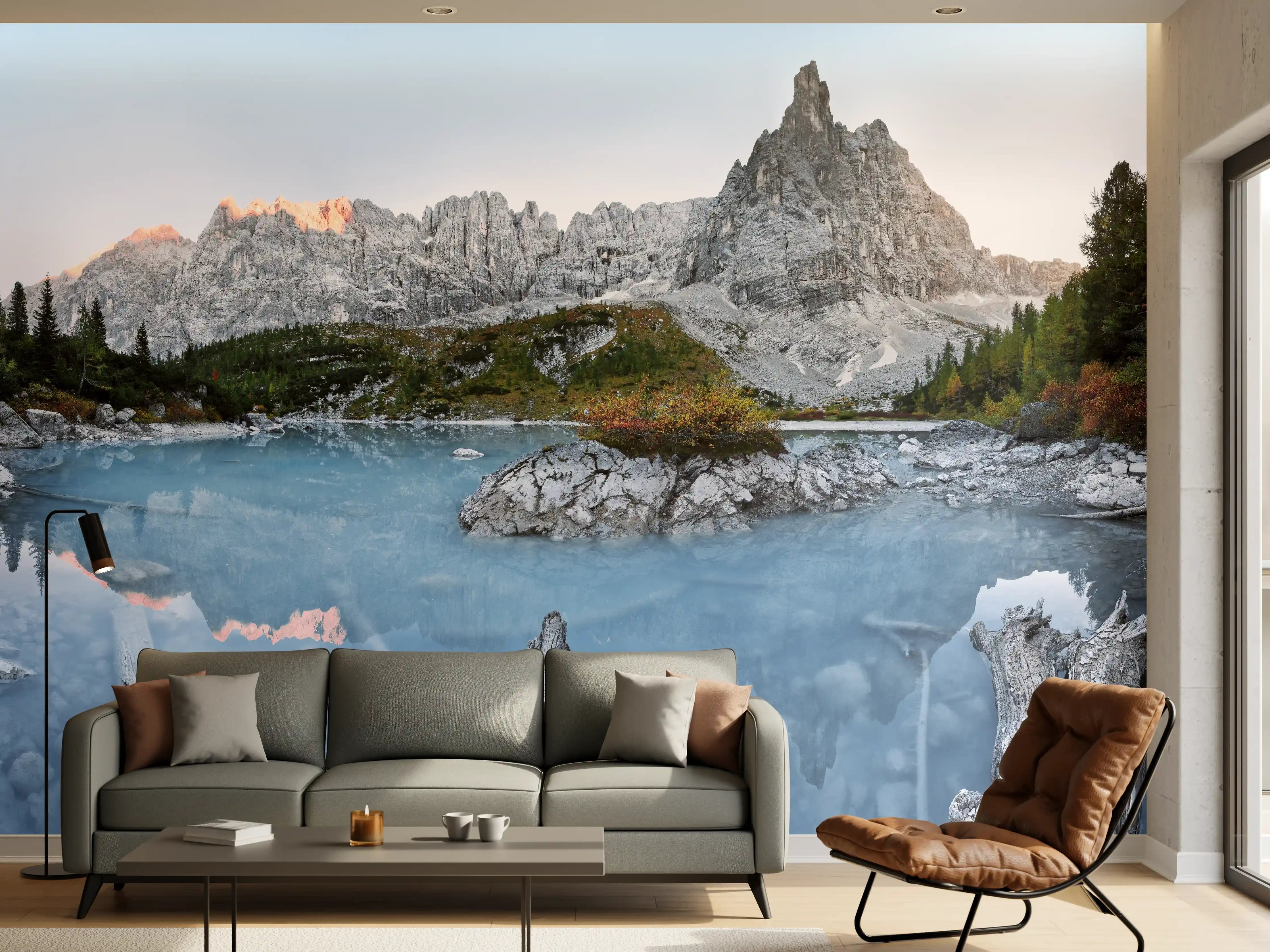 Wandverkleidung Wohnzimmer - Alpine Seenlandschaft in Abenddämmerung