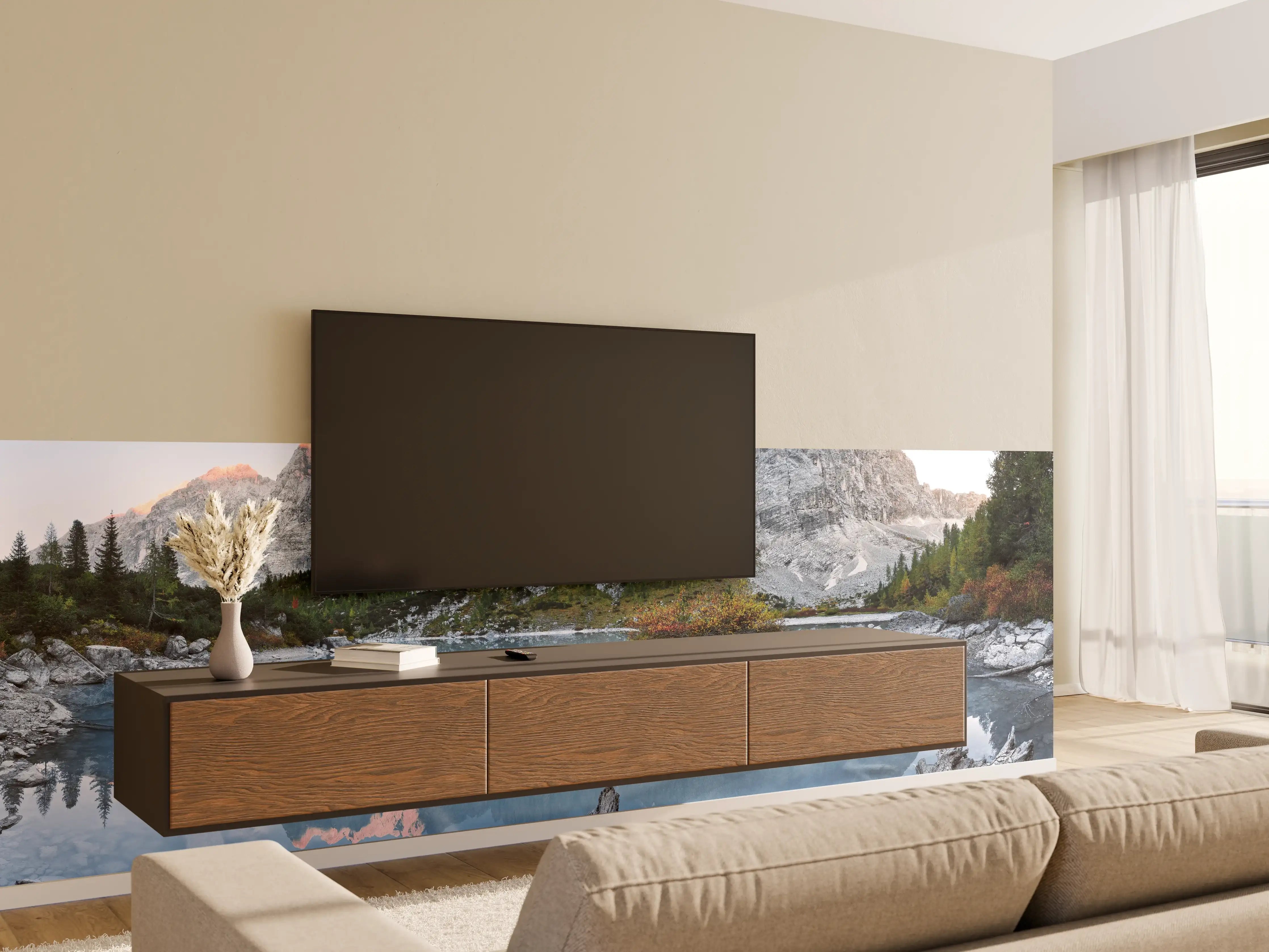 Wandverkleidung Wohnzimmer - Alpine Seenlandschaft in Abenddämmerung