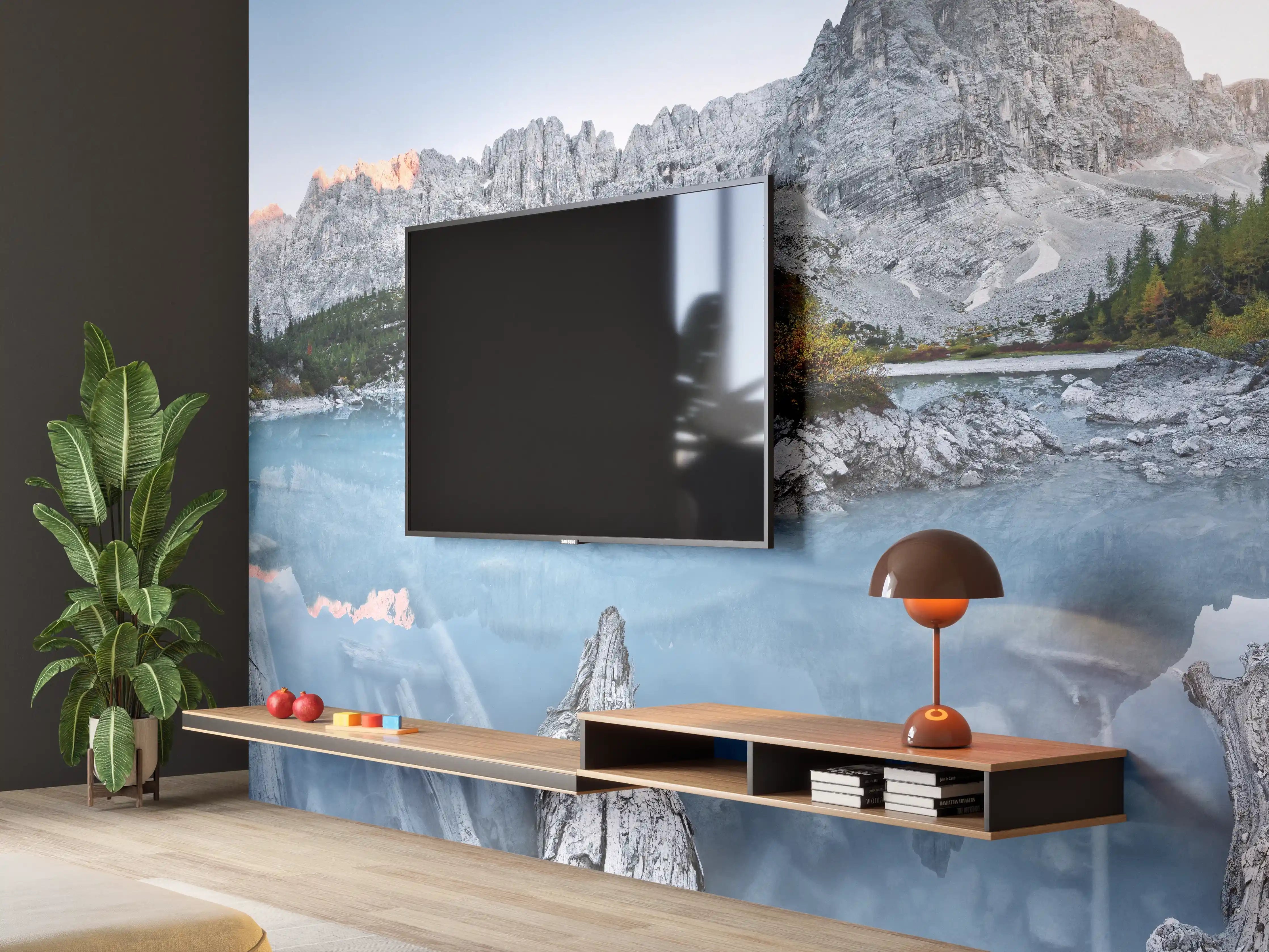 Wandverkleidung Wohnzimmer - Alpine Seenlandschaft in Abenddämmerung
