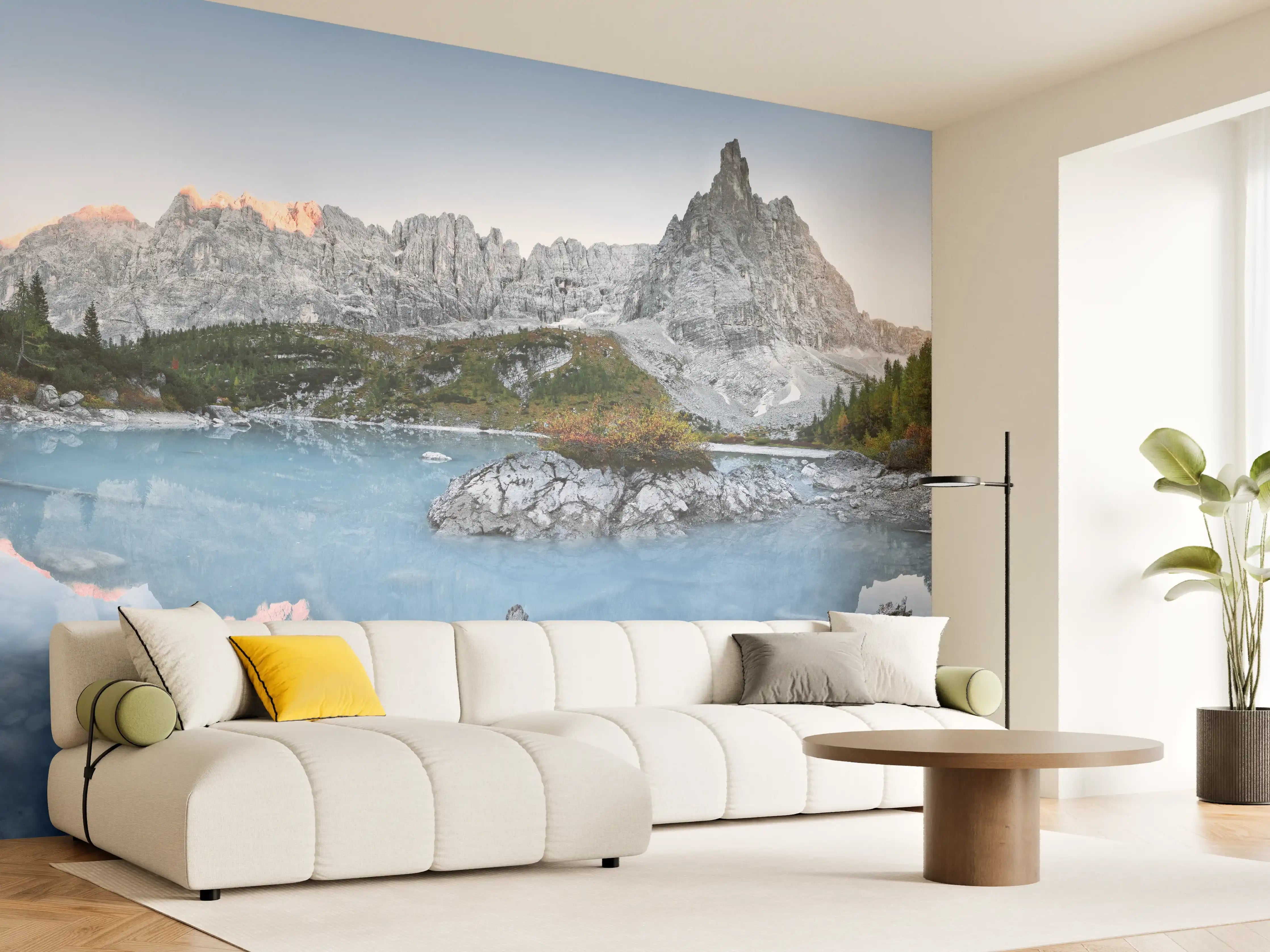 Wandverkleidung Wohnzimmer - Alpine Seenlandschaft in Abenddämmerung