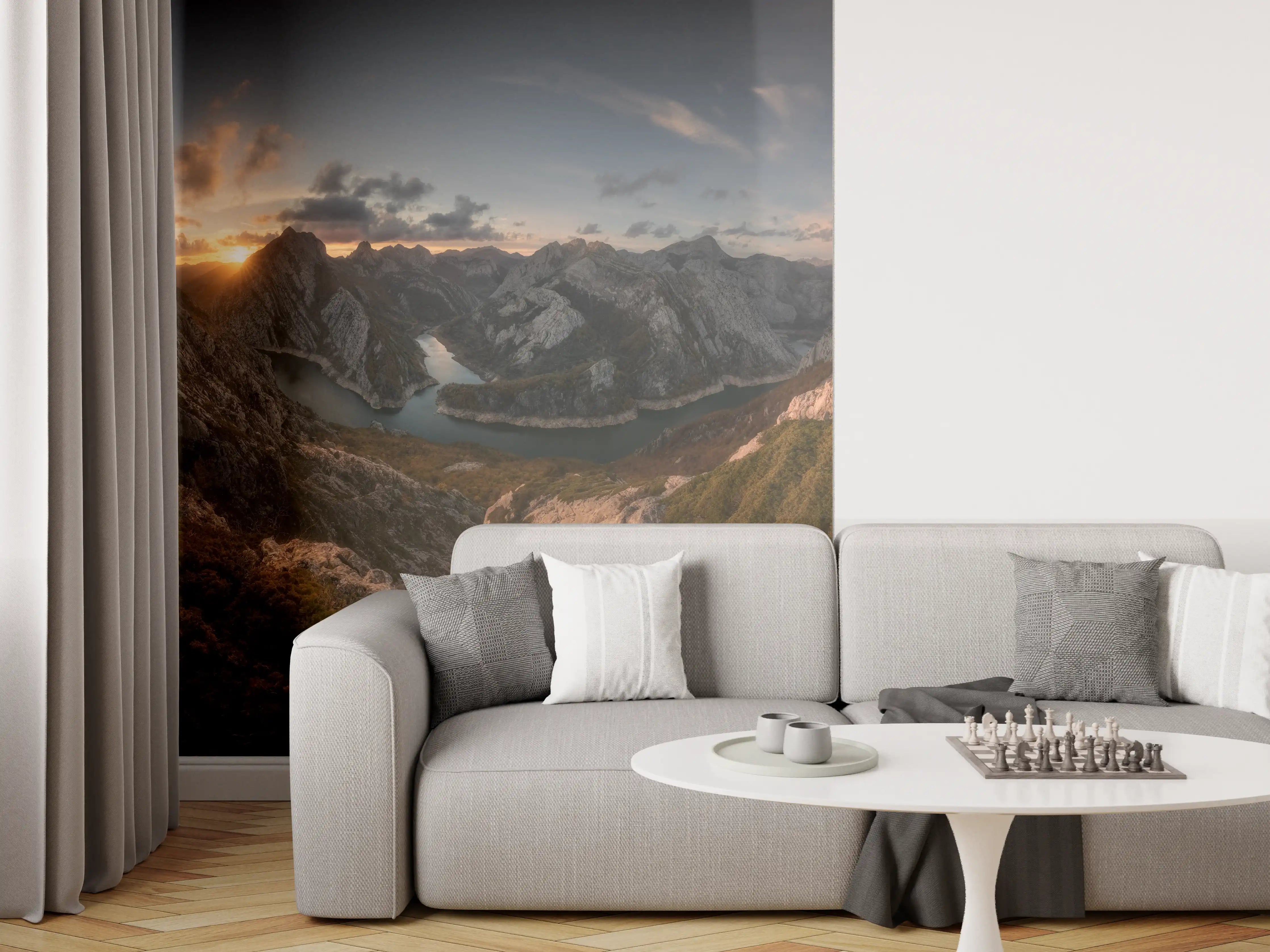 Wandverkleidung Wohnzimmer - Alpines Morgenrot am Bergsee