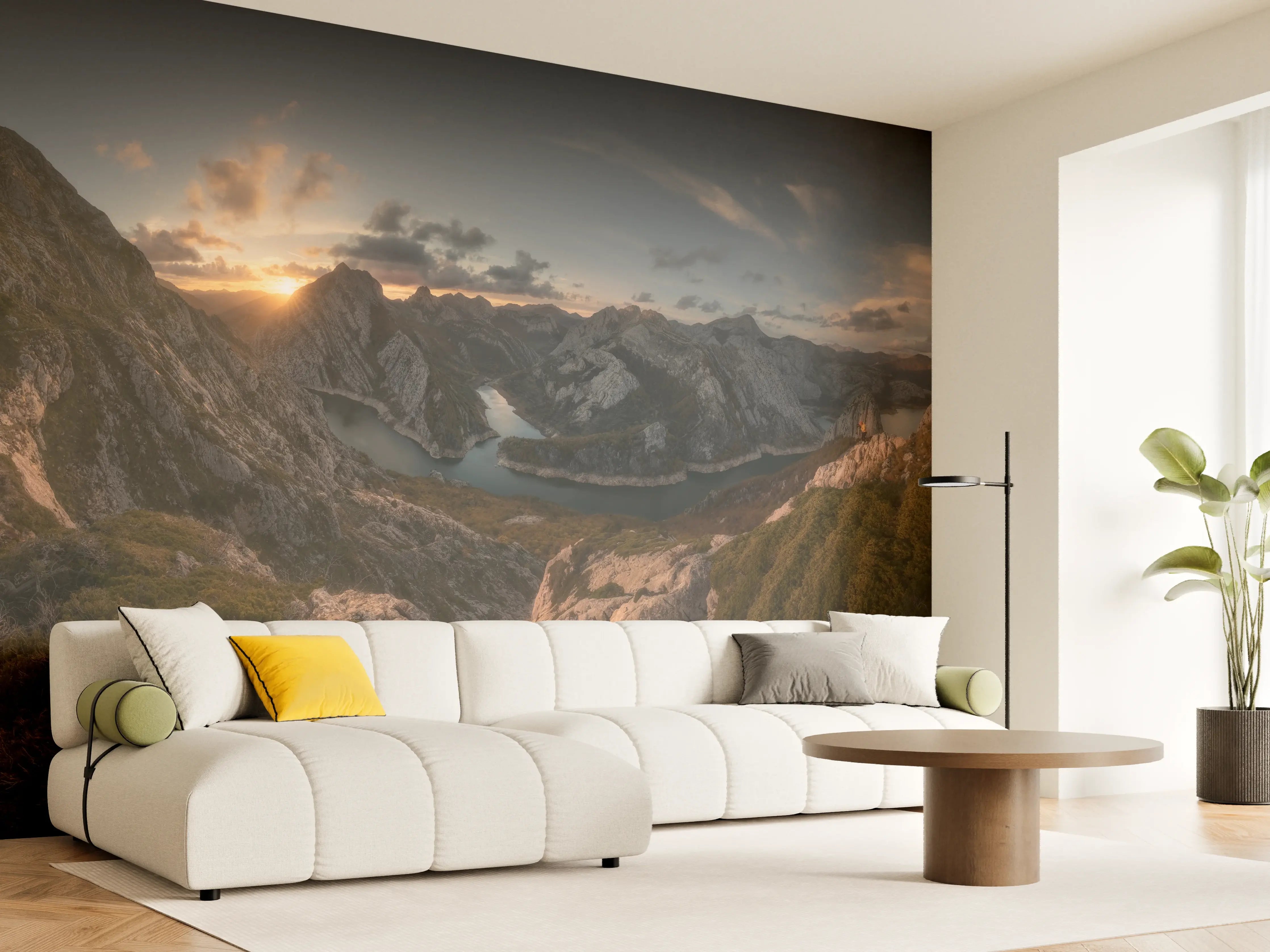 Wandverkleidung Wohnzimmer - Alpines Morgenrot am Bergsee