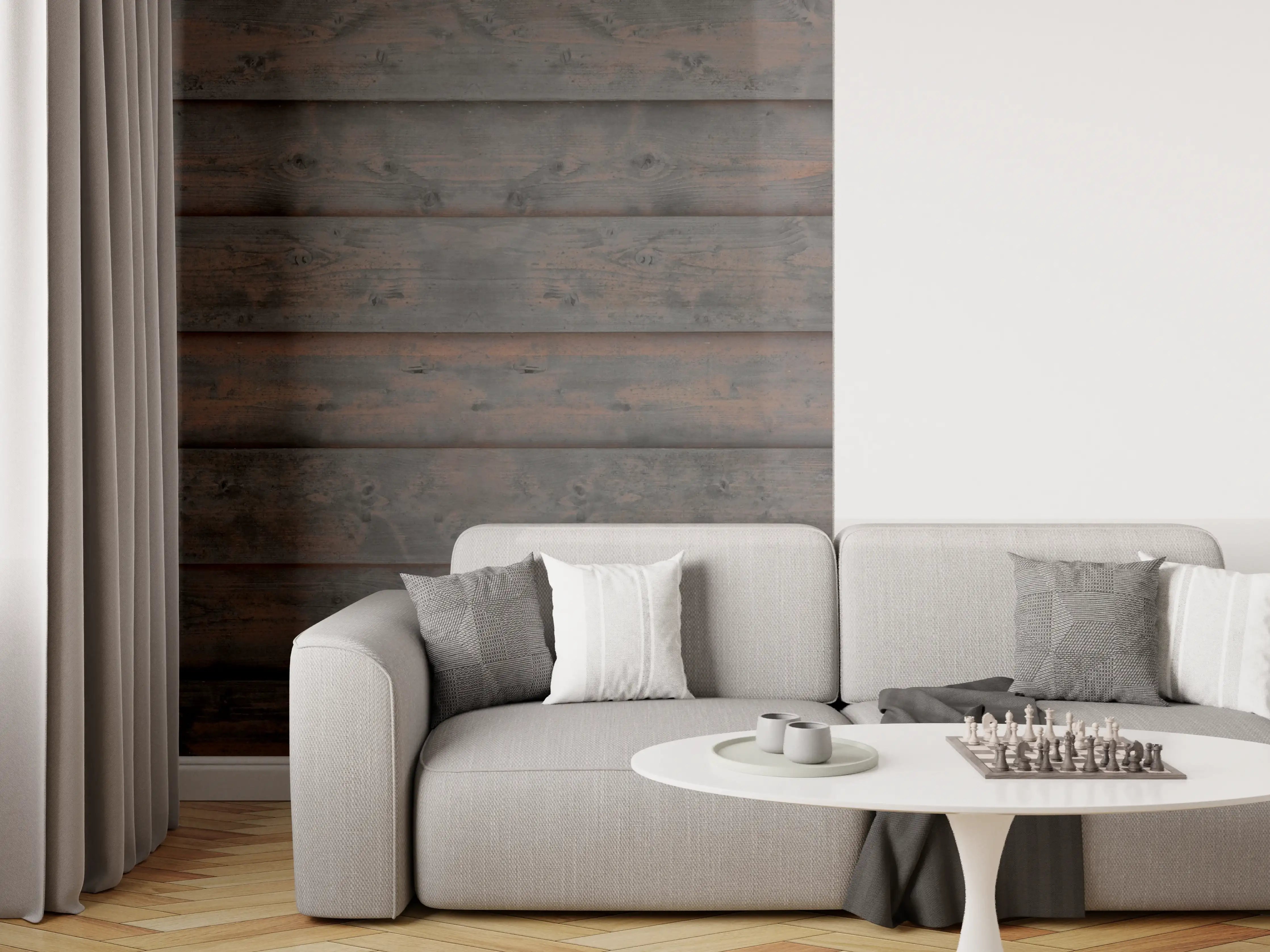Wandverkleidung Wohnzimmer - Alt braun lackierte Holzbretter