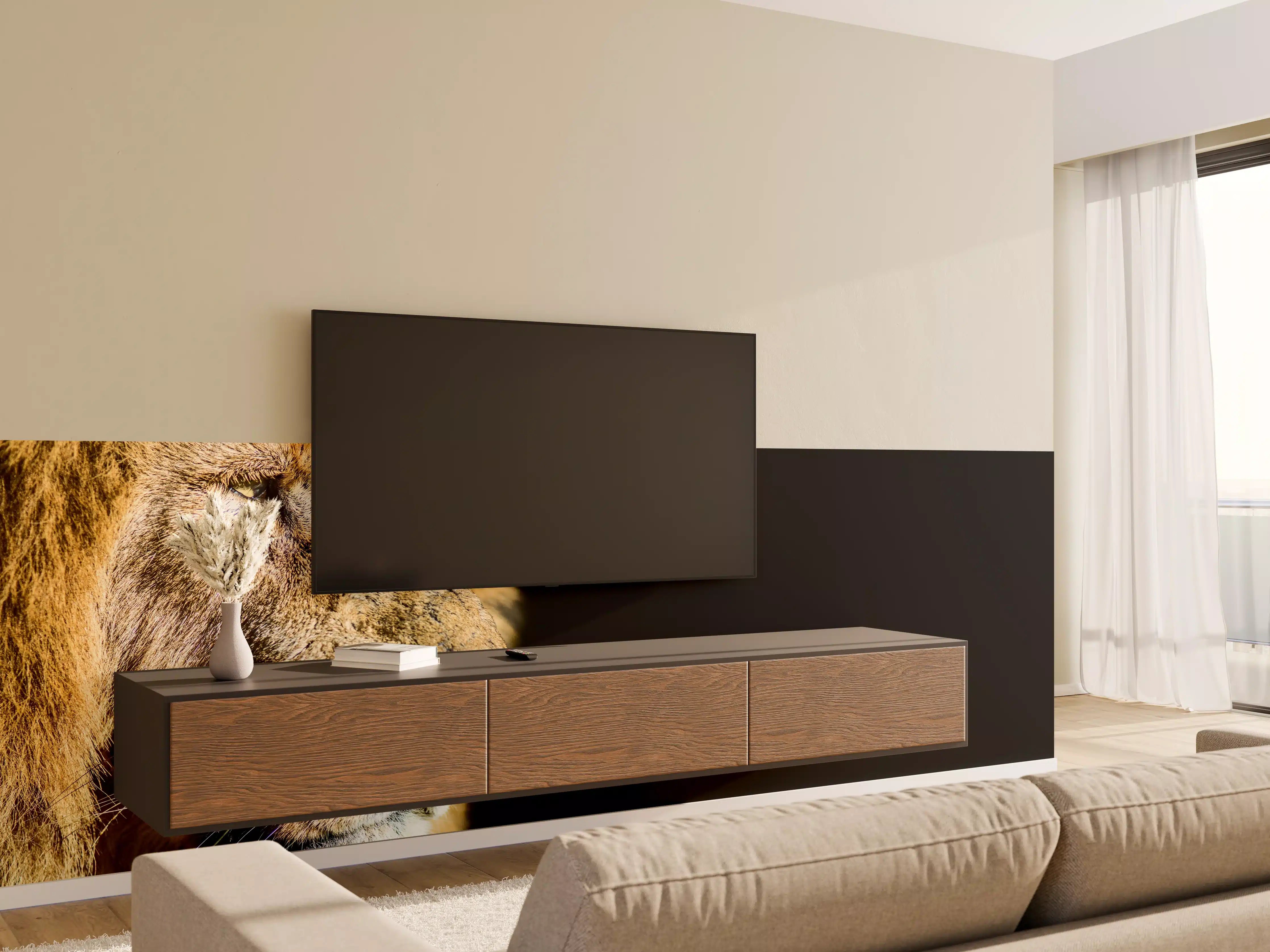 Wandverkleidung Wohnzimmer - Alter Löwe auf schwarzem Hintergrund