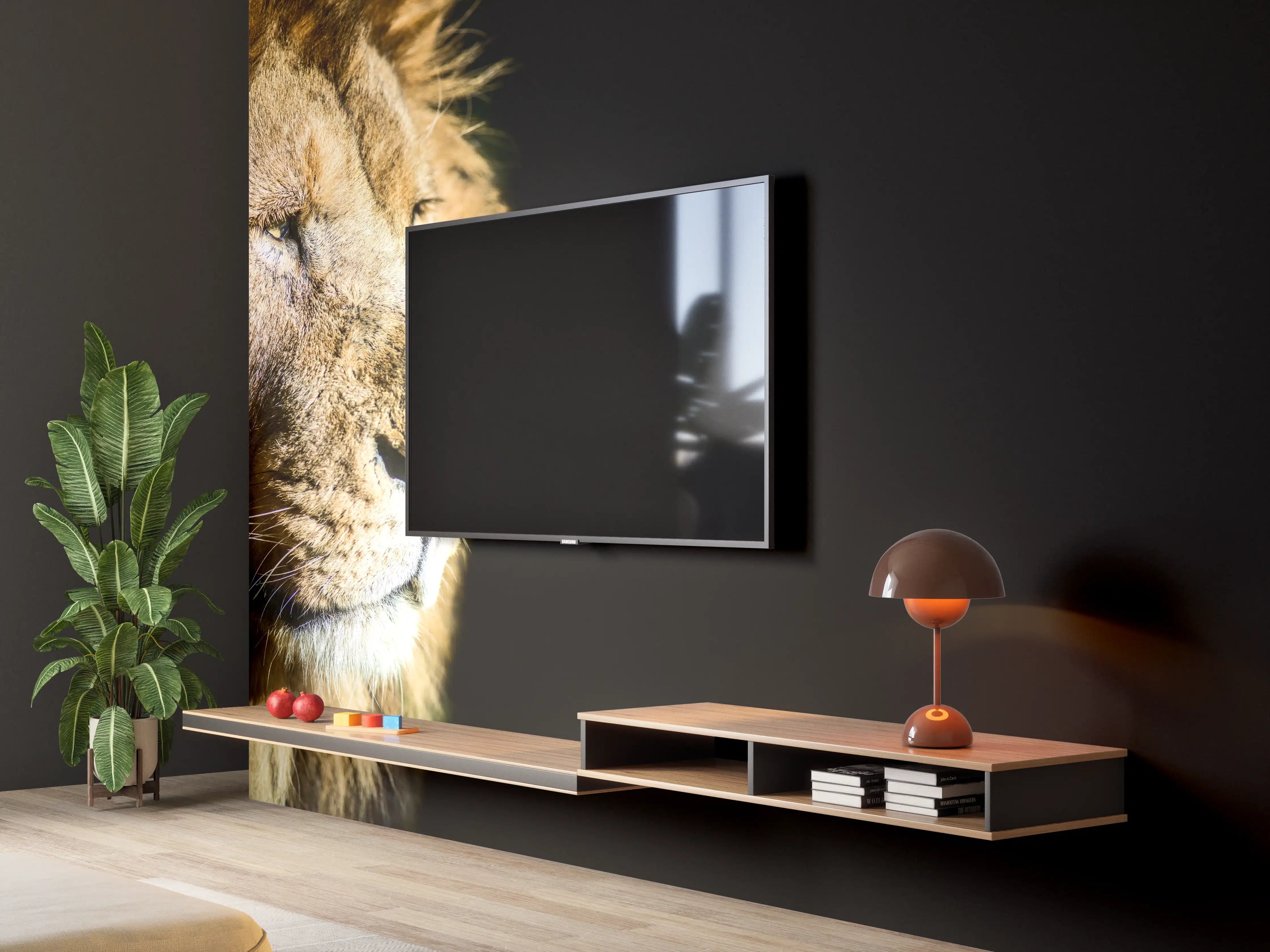 Wandverkleidung Wohnzimmer - Alter Löwe auf schwarzem Hintergrund