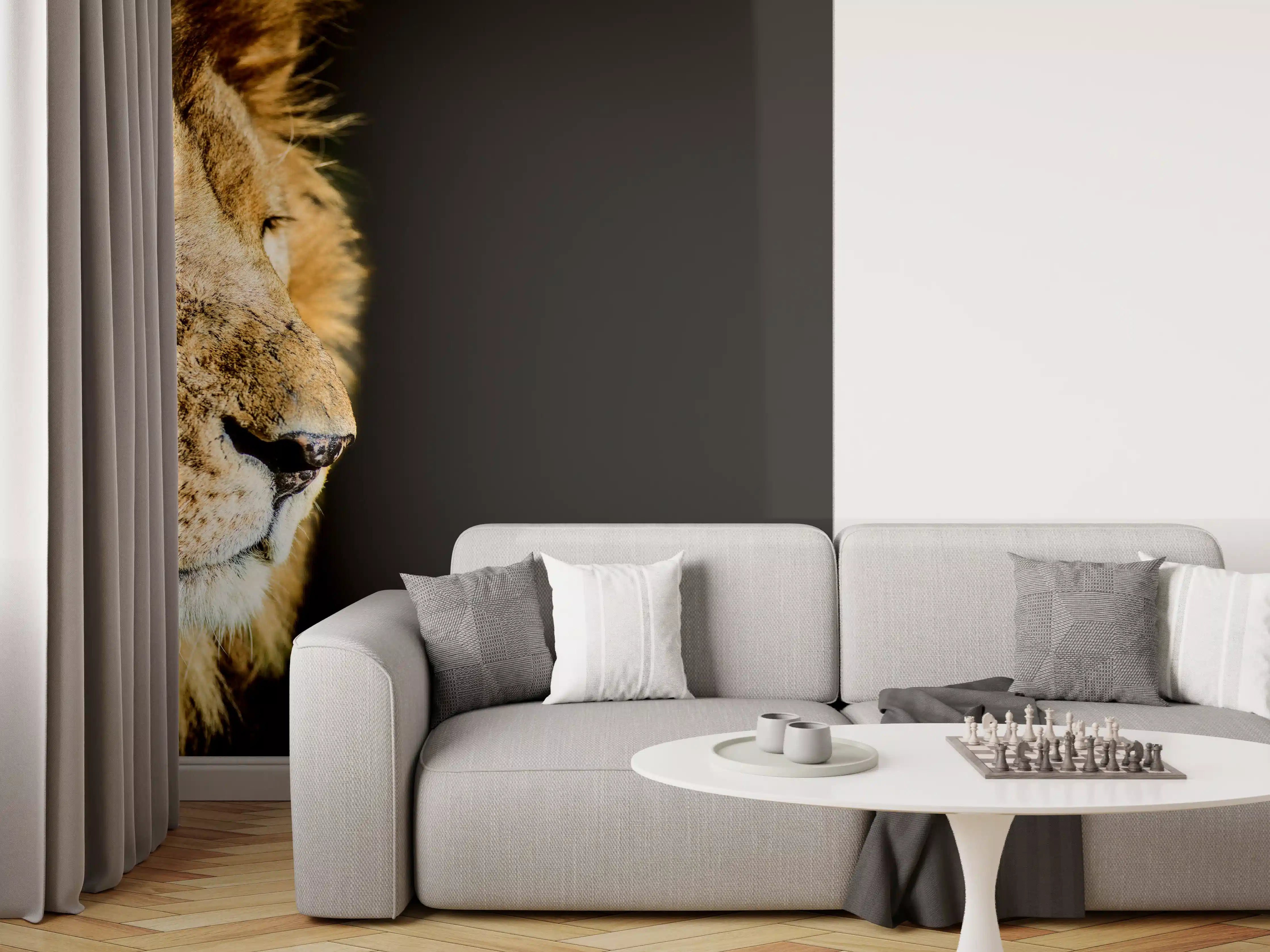 Wandverkleidung Wohnzimmer - Alter Löwe auf schwarzem Hintergrund