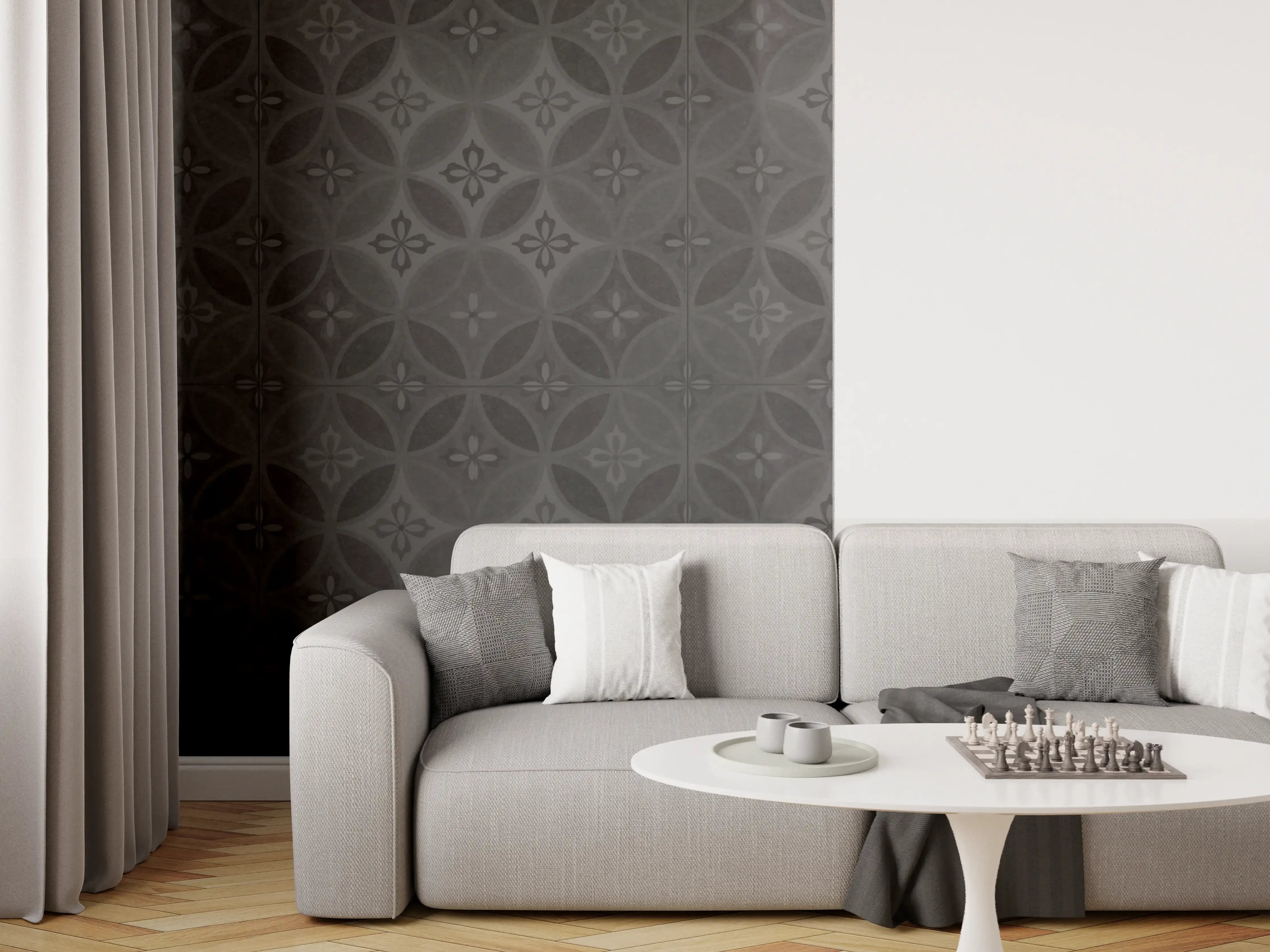 Wandverkleidung Wohnzimmer - Altes Schwarz-Anthrazit Patchwork Mosaik Motiv